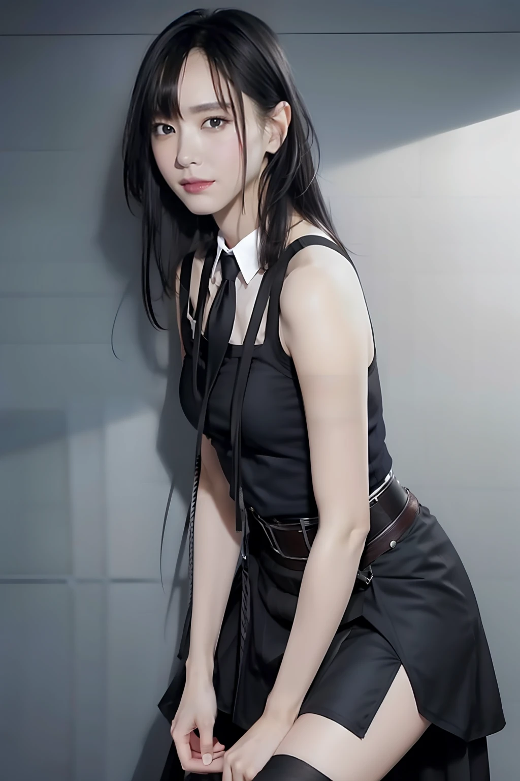 a black skirt, neck tie, Tank Tops suspenders, Long Black Hair, Gray eyes, holster, Garter belt on the legs, , Moderately breasts, Pichi Pichi clothes, both sides deadpan Behind