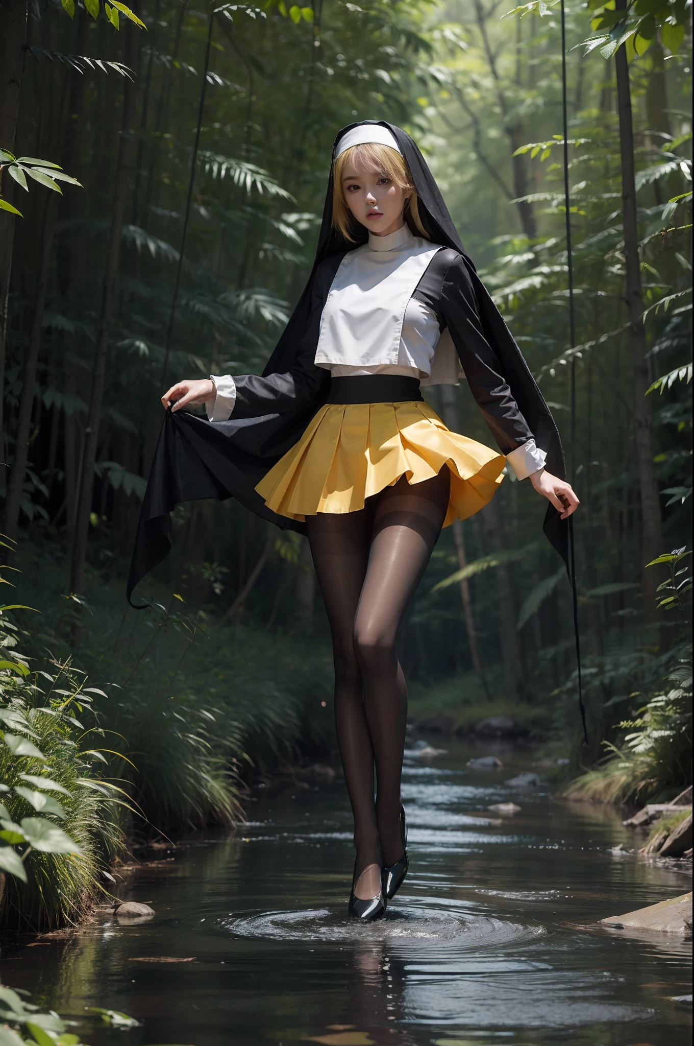 (full body:2)，(1girl:1.3),(view the viewer:1.4)，(anatomy correct:1.4),(((colorful pantyhose)):1.3), (pointed thick heels :1.3),,((Dancing By the creek in the forest):1.2),((Nun Knee Length Skirt Set):1.3),(Extra Long blonde Hair:1.2),(Accurate and perfect face:1.3),(Long legs and big feet:1.3),((Polished clothing):1.2),((Skin reflection , Skin Gloss):1.2)，((((( colorful)))):1.2)，hyper HD, Ray traching, reflective light， structurally correct, Award-Awarded, high detail, lighten shade contrast, Face lighting ，cinematic lighting, masterpiece, super detailing, high quality, high detail, best quality, 16k，High contrast,