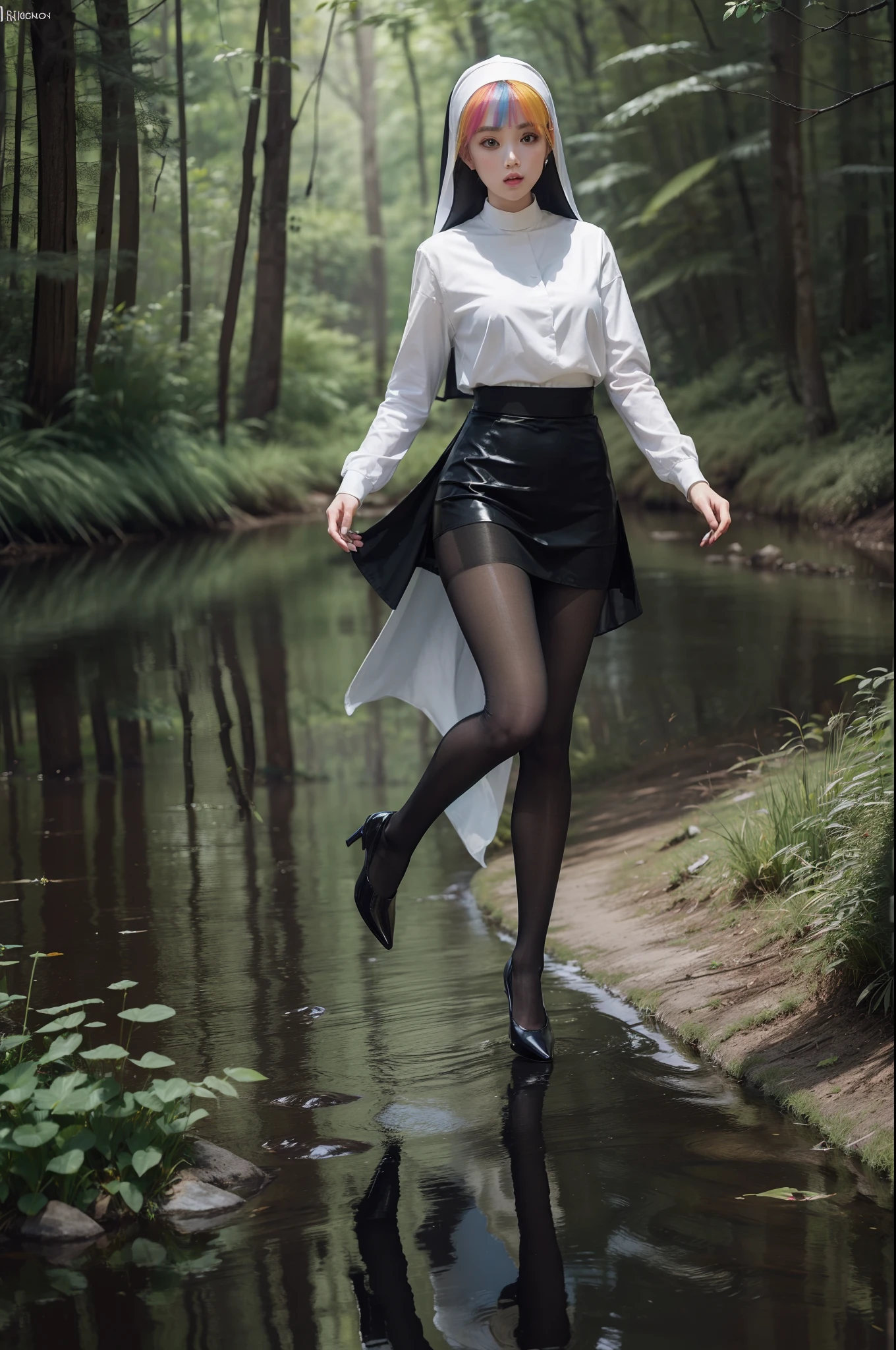 (full body:2)，(1girl:1.3),(view the viewer:1.4)，(anatomy correct:1.4),(((colorful pantyhose)):1.3), (pointed thick heels :1.3),,((Dancing By the creek in the forest):1.2),((Nun Knee Length Skirt Set):1.3),(Extra Long blonde Hair:1.2),(Accurate and perfect face:1.3),(Long legs and big feet:1.3),((Polished clothing):1.2),((Skin reflection , Skin Gloss):1.2)，((((( colorful)))):1.2)，hyper HD, Ray traching, reflective light， structurally correct, Award-Awarded, high detail, lighten shade contrast, Face lighting ，cinematic lighting, masterpiece, super detailing, high quality, high detail, best quality, 16k，High contrast,