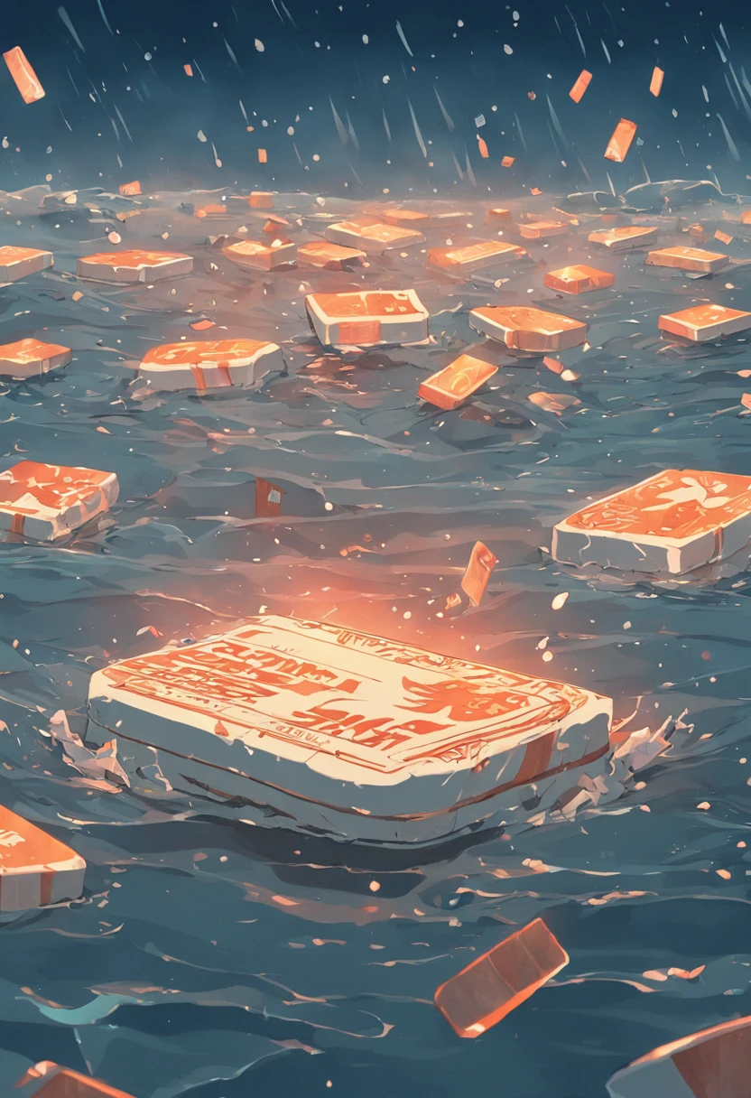 A pack of cigarette packs floats on the surface of the sea,Raindrops hit the sea,Dark and gloomy sky