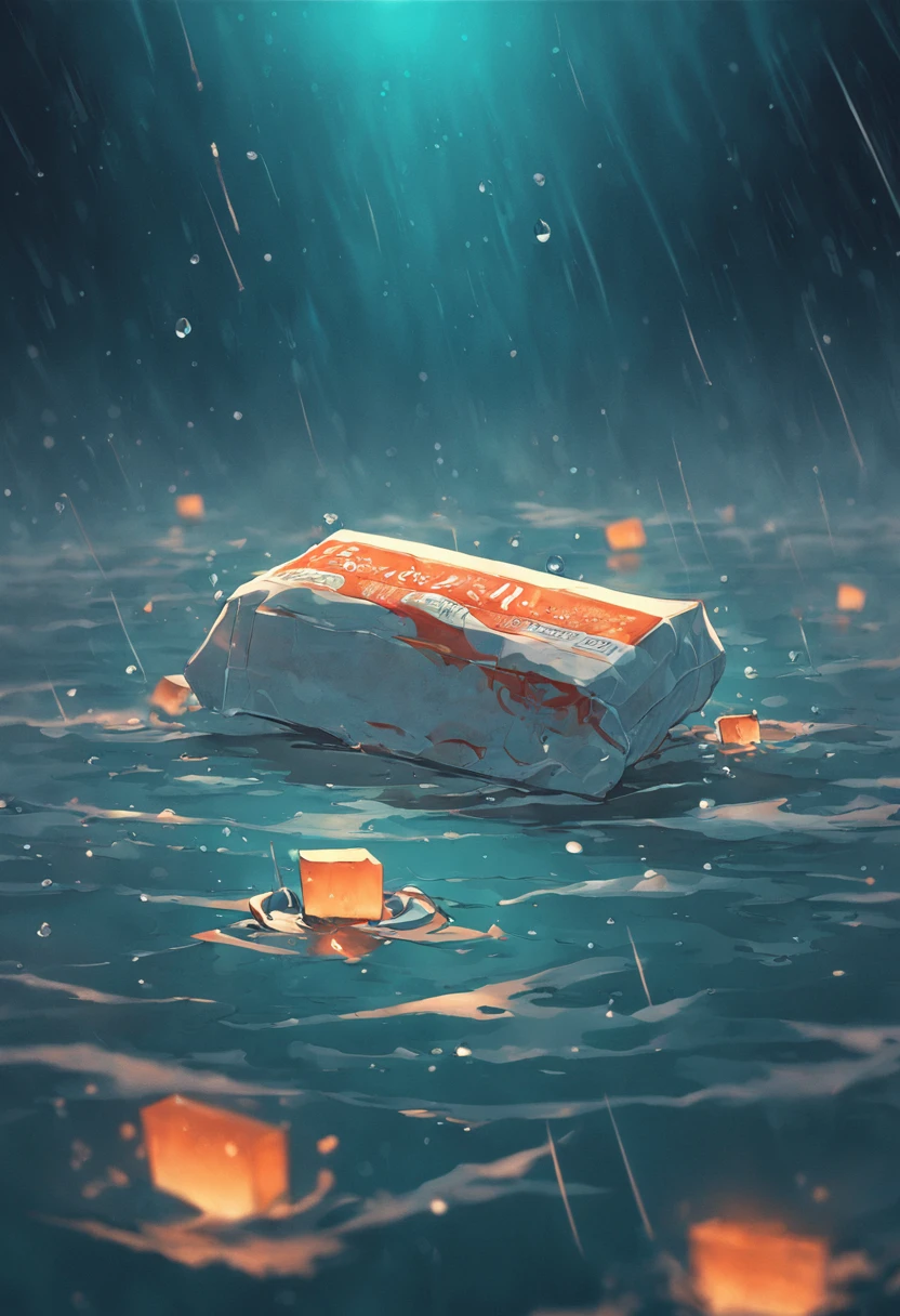 A pack of cigarette packs floats on the surface of the sea，Raindrops hit the sea，Dark and gloomy sky