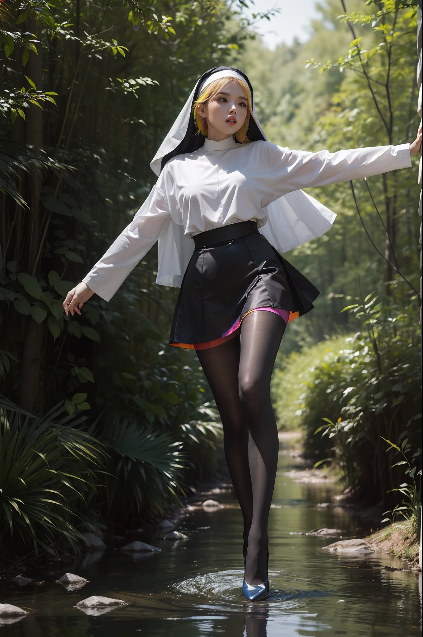 (full body:2),(1girl:1.3),(view the viewer:1.4),(anatomy correct:1.4),(((colorful pantyhose)):1.3), (pointed thick heels :1.3),,((Dancing By the creek in the forest):1.2),((Nun Knee Length Skirt Set):1.3),(Extra Long blonde Hair:1.2),(Accurate and perfect face:1.3),(Long legs and big feet:1.3),((Polished clothing):1.2),((Skin reflection , Skin Gloss):1.2),((((( colorful)))):1.2),hyper HD, Ray traching, reflective light, structurally correct, Award-Awarded, high detail, lighten shade contrast, Face lighting ,cinematic lighting, masterpiece, super detailing, high quality, high detail, best quality, 16k,High contrast,