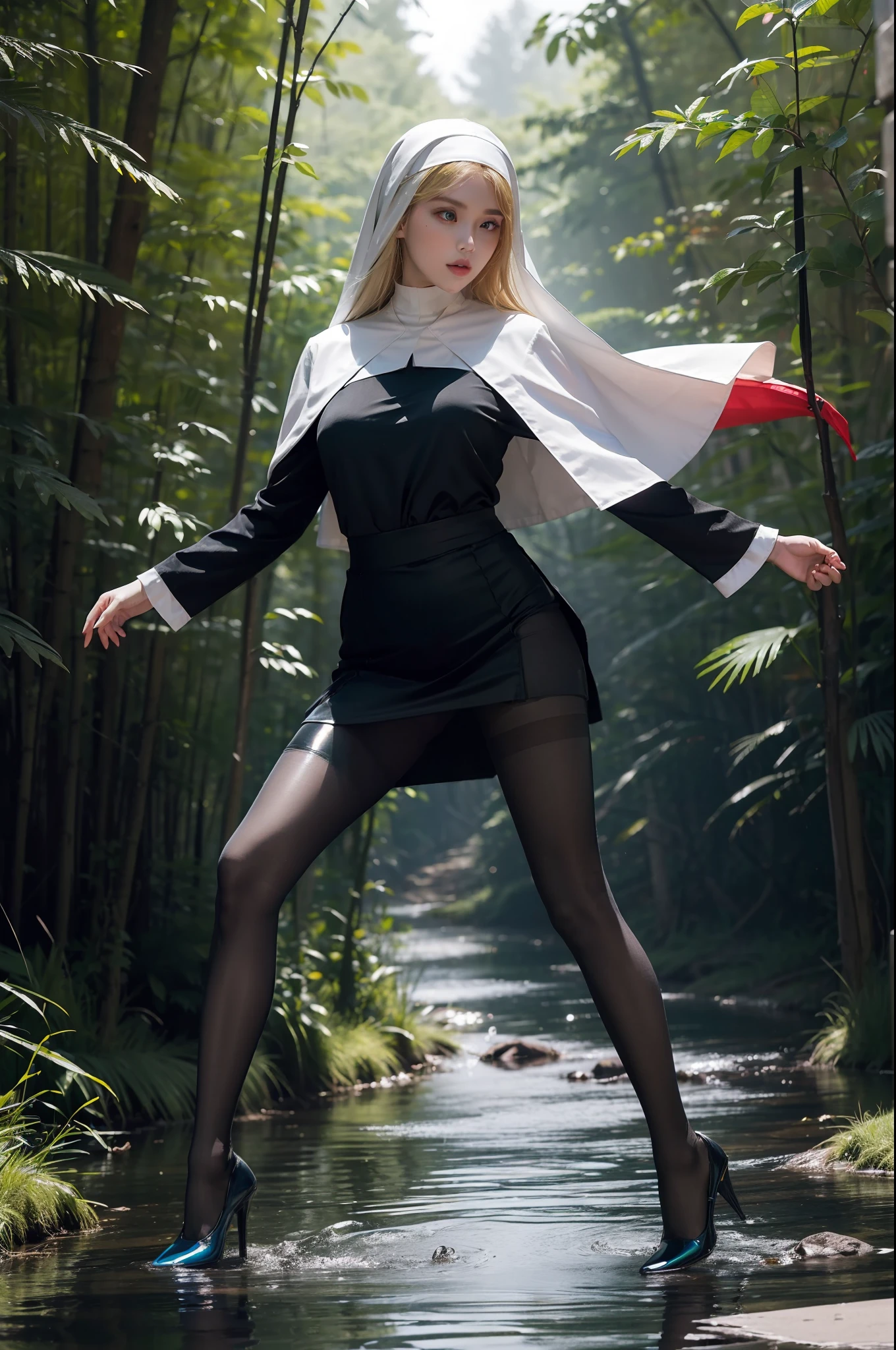 (full body:2),(1girl:1.3),(view the viewer:1.4),(anatomy correct:1.4),(((colorful pantyhose)):1.3), (pointed thick heels :1.3),,((Dancing By the creek in the forest):1.2),((Nun Knee Length Skirt Set):1.3),(Extra Long blonde Hair:1.2),(Accurate and perfect face:1.3),(Long legs and big feet:1.3),((Polished clothing):1.2),((Skin reflection , Skin Gloss):1.2),((((( colorful)))):1.2),hyper HD, Ray traching, reflective light, structurally correct, Award-Awarded, high detail, lighten shade contrast, Face lighting ,cinematic lighting, masterpiece, super detailing, high quality, high detail, best quality, 16k,High contrast,