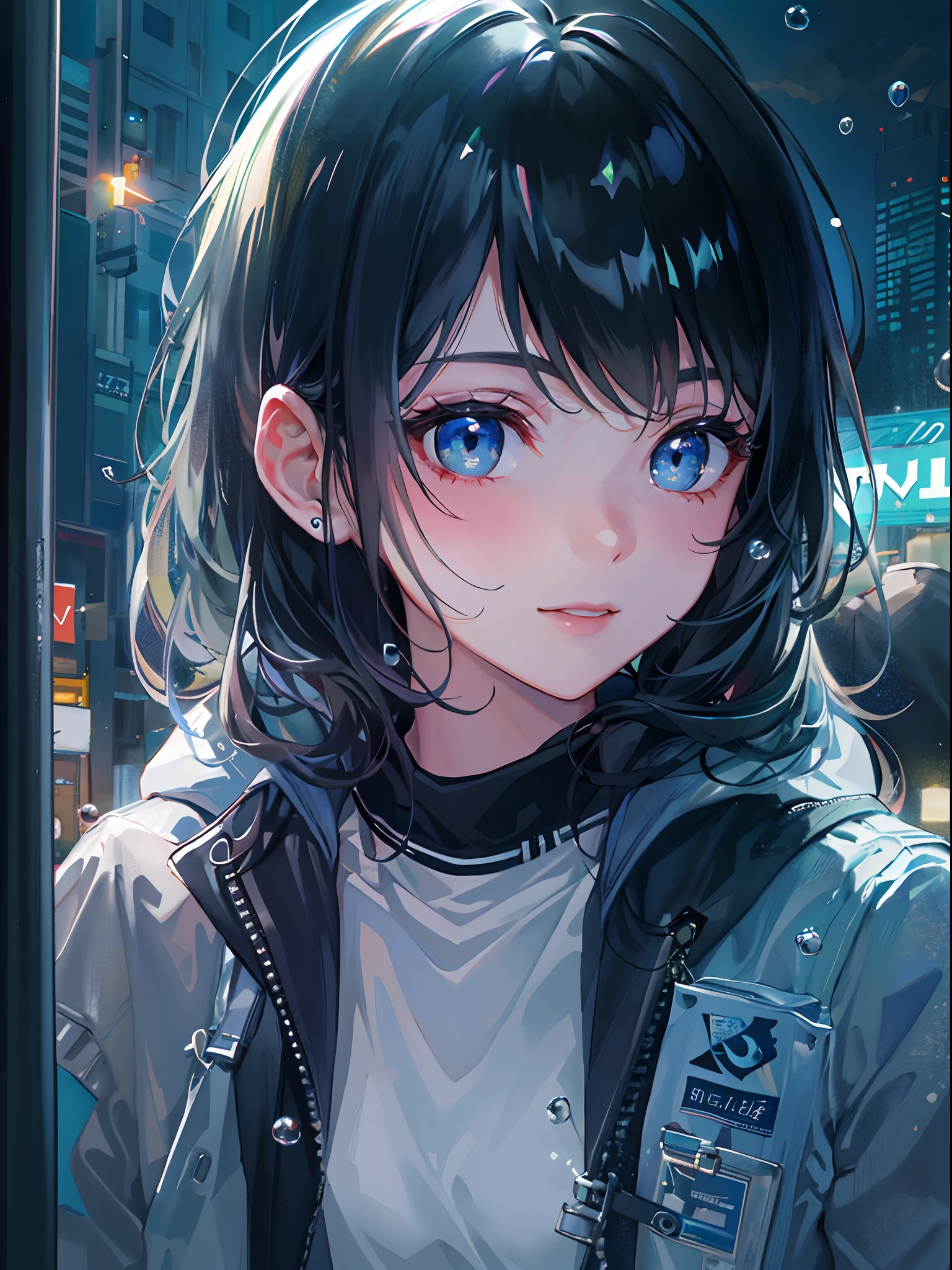((top-quality)), ((masterpiece)), ((ultra-detailliert)), (extremely delicate and beautiful), girl with, 独奏, cold attitude,((Black jacket)),She is very(relax)with the(Settled down)Looks,A dark-haired, depth of fields,evil smile,Bubble, under the water, Air bubble,bright light blue eyes,Inner color with black hair and light blue tips,Cold background,Bob Hair - Linear Art, shortpants、knee high socks、Camisole inner shirt,White uniform