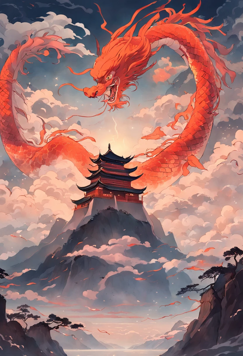 (masterpiece, top quality, super detail), one dragon, sky, dark clouds, from below, huge red dragon, flame, pillar of fire