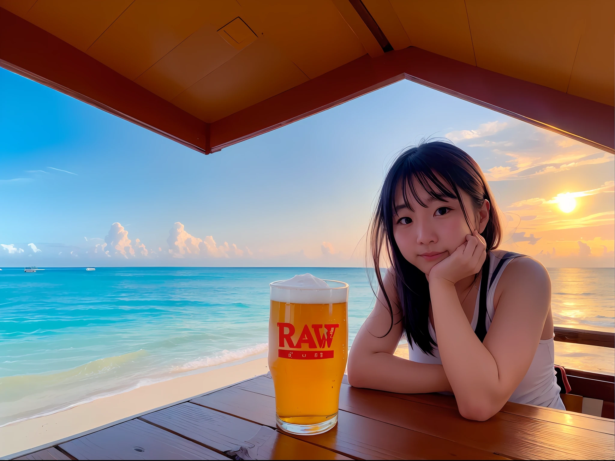 (8K、RAW Photos、Photorealsitic:1.25)、beer、Maldives、the beach、the setting sun、vague
