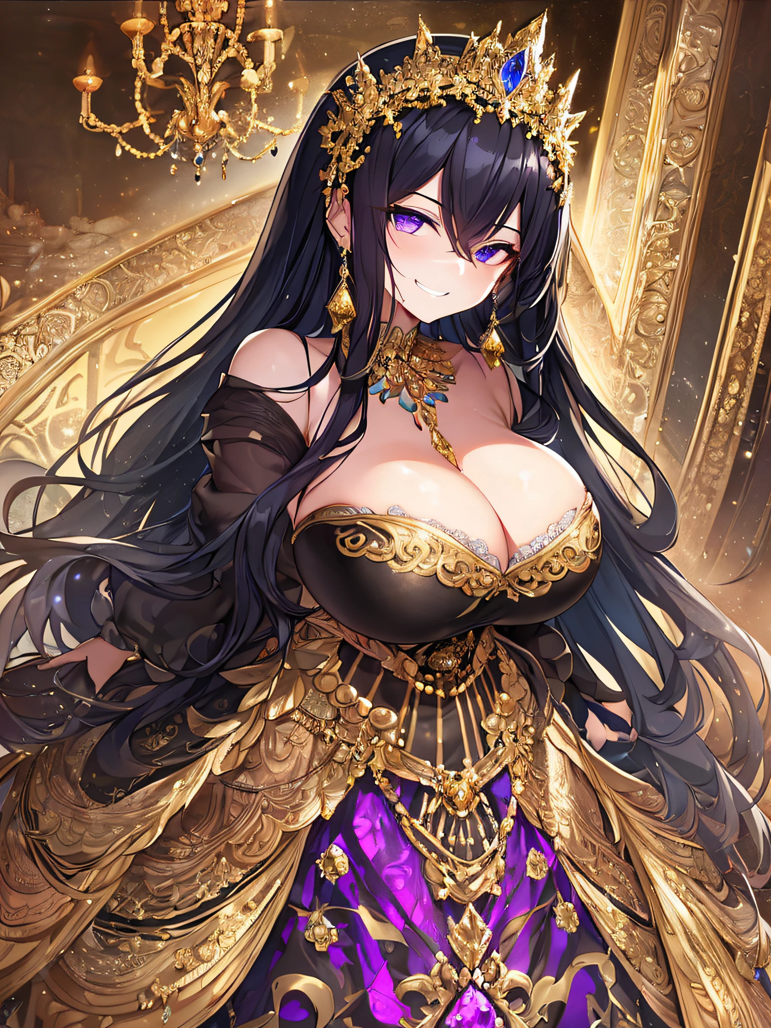 ((anime artstyle)),(Masterpiece),(Best Quality),(Super Detail),(Very Delicate and Beautiful),Solo,(((full body))),from above,BlingBling,(standing in the royal palace),((1 arrogant queen in beautiful embroidery black and gold gorgeous rococo ballgown with gorgeous and voluminous full length hoop skirt)),(crinoline),gorgeousfull embroidery,Long train,((arrogant,haughty)),(((arrogant smile))),Sharp eyes,((gorgeous gemstone jewelry)),detailed face and eyes,jewel-like eyes,Purple eyes,(Bangs between eyes),((large amount of straight hair,extremely Long voluminous black Hair)),((gigantic tits,Long tits)),gorgeousfull embroidery,cleavage,extremely gorgeousfull hair ornament,(bling-bling extremely gorgeousfull jeweled tiara),gorgeous corsage,(Dynamic Angle),Looking at viewer,(((full body))),((beautiful embroidery black and gold gorgeous rococo ballgown with  gorgeous and voluminous full length hoop skirt))