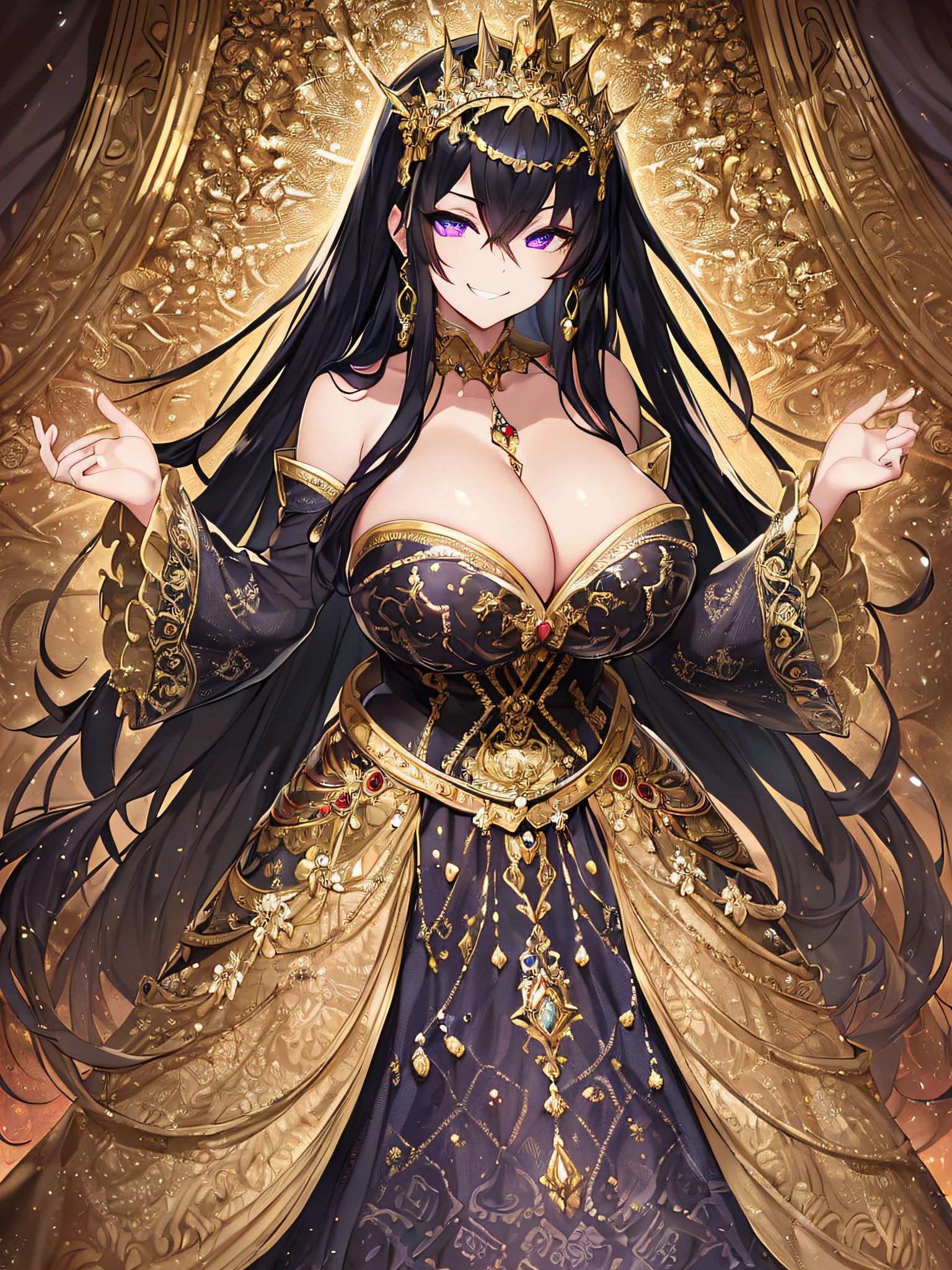 ((anime artstyle)),(Masterpiece),(Best Quality),(Super Detail),(Very Delicate and Beautiful),Solo,(((full body))),from above,BlingBling,(standing in the royal palace),((1 arrogant queen in beautiful embroidery black and gold gorgeous rococo ballgown with gorgeous and voluminous full length hoop skirt)),(crinoline),gorgeousfull embroidery,Long train,((arrogant,haughty)),(((arrogant smile))),Sharp eyes,((gorgeous gemstone jewelry)),detailed face and eyes,jewel-like eyes,Purple eyes,(Bangs between eyes),((large amount of straight hair,extremely Long voluminous black Hair)),((gigantic ,Long titsorgeousfull embroidery,cleavagely gorgeousfull hair ornament,(bling-bling extremely gorgeousfull jeweled tiara),gorgeous corsage,(Dynamic Angle),Looking at viewer,(((full body))),((beautiful embroidery black and gold gorgeous rococo ballgown with gorgeous and voluminous full length hoop skirt))