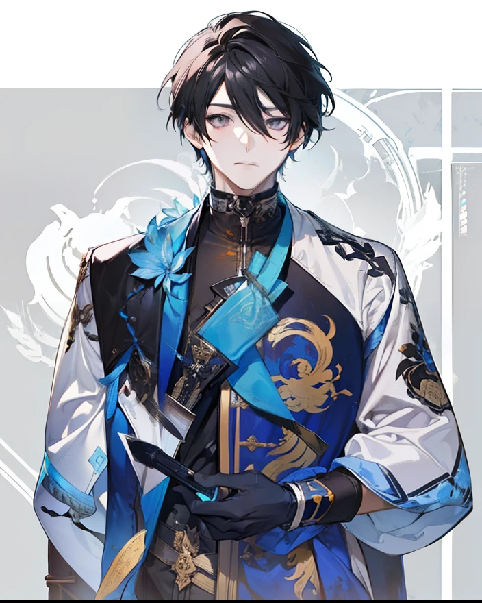 1 boy, solo, black hair, short hair, gray eyes, black shirt, metal cuffs, red gloves, raincoat, high boots, metal greaves, looking at viewer, fantasy art, beautiful painting, shigenori soejima illustration style, epic exquisite character art, stunning characters, (reference sheet:1.5)