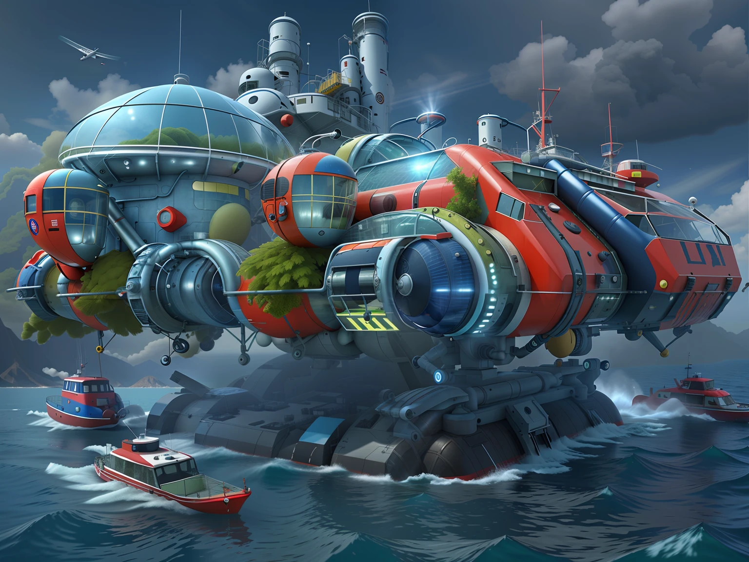Water mobile rescue base,There are lifebuoy launchers,Red and blue,Future Style,3d effect,Rescue Ship,the whole