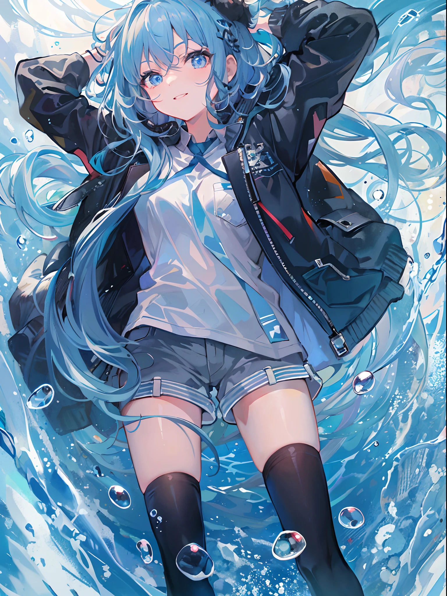 ((top-quality)), ((​masterpiece)), ((ultra-detailliert)), (extremely delicate and beautiful), girl with, 独奏, cold attitude,((Black jacket)),She is very(relax)with  the(Settled down)Looks,A dark-haired, depth of fields,evil smile,Bubble, under the water, Air bubble,bright light blue eyes,Inner color with light blue hair and dark blue tips,Cold background,Bob Hair - Linear Art, shortpants、knee high socks、White uniform like school uniform、Light blue ribbon ties、Clothes are sheer、Hands in pockets