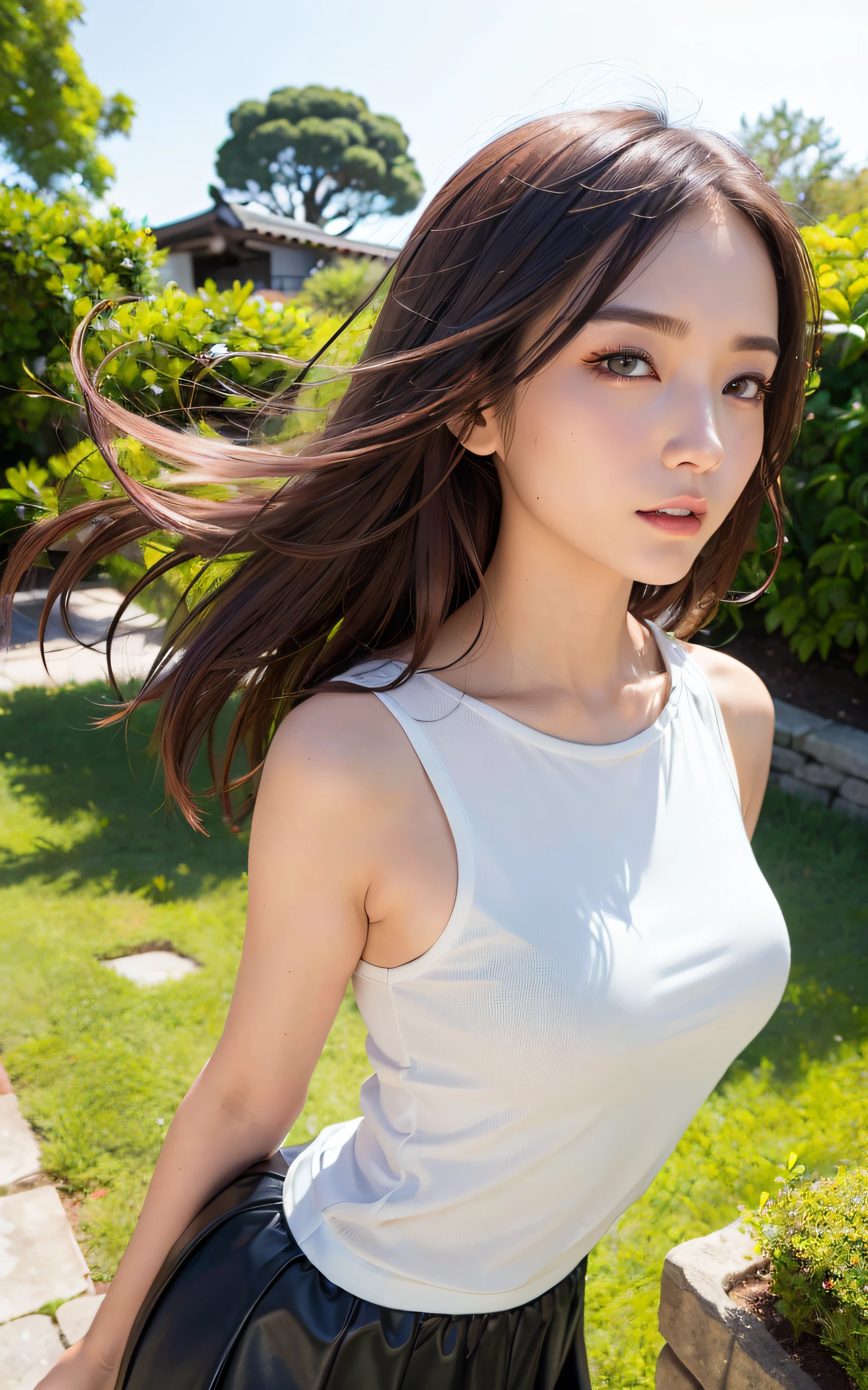 ((top-quality、8k masterpieces:1.3))、(ultra beautiful faces:1.0)、(shinny skin:1.0)、photos realistic、Brown hair, Shoulder-length straight hair swaying in the wind, Video Lighting、High-definition eyes and face、Sleeveless shirt、Skirt, 1 japanese girl, Cute, from the front side、medium breasts、A slight smile, English Herb Garden