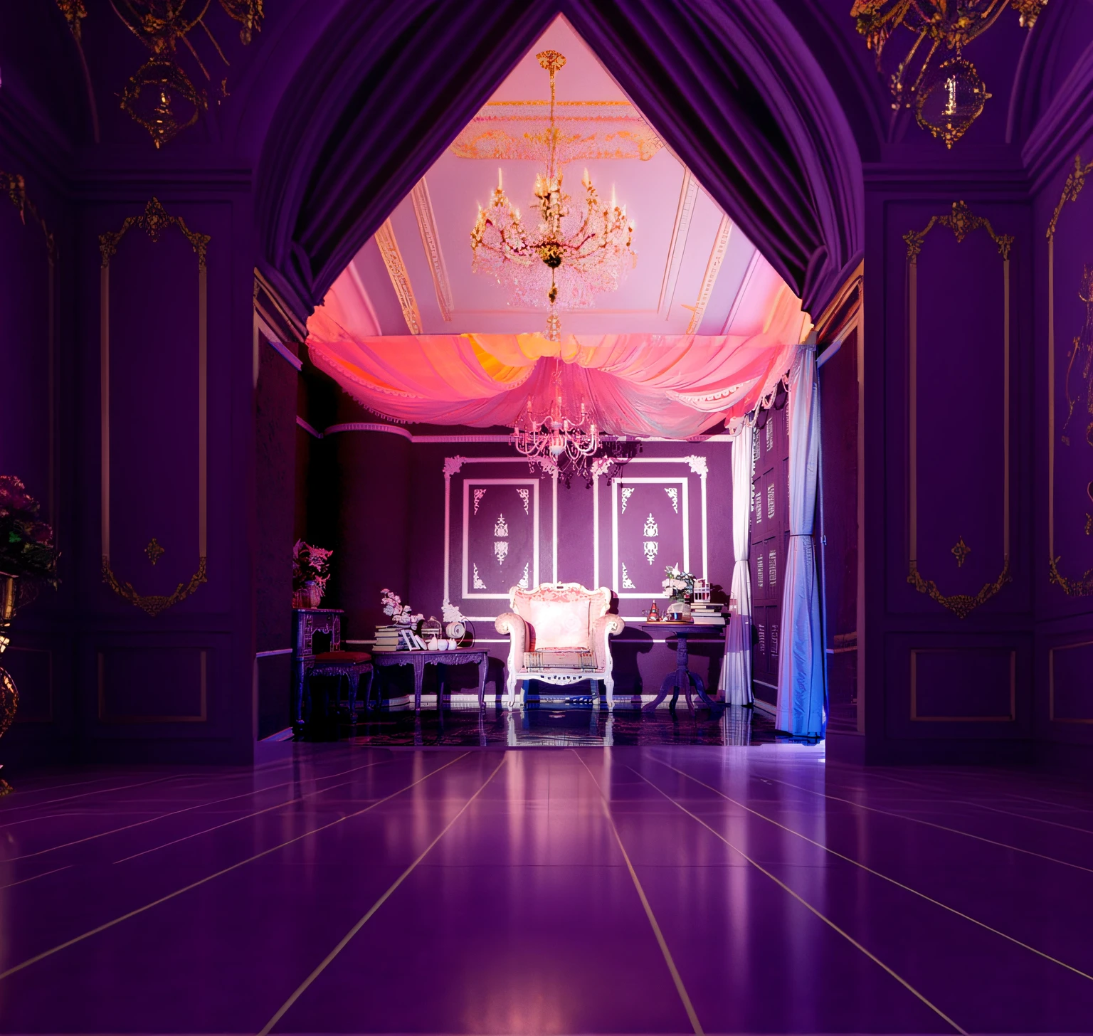 Content-based fill, Brightly lit purple room, Tiled room Marble room, Baroque painting background, high-end, high-end, Trend Vaporwave Mansion, Purple aesthetics, Luxurious Rococo Baroque style, masutepiece, high-end, A luxurious setting, wonderful masterpiece,