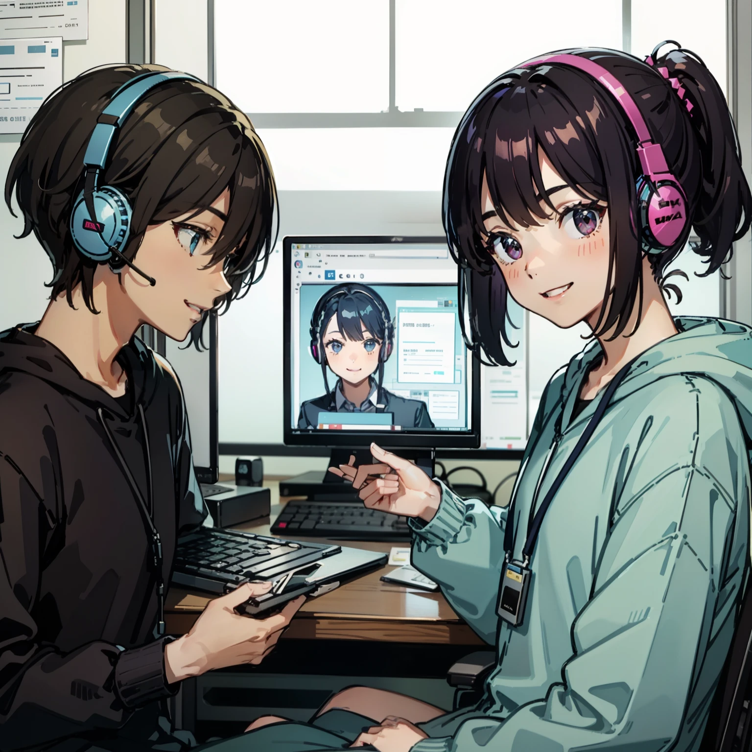 The background is office、Income from two men and women in their 20s wearing headsets in plain clothes、Bright smile、Operating a PC on a desk