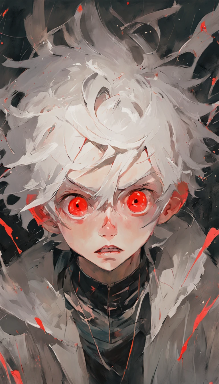young boy with white hair and red eyes, There is ugliness in beauty, But there is also beauty in ugliness, In the style of Adrian Ghenie, Esao Adrews, Jenny Saville, Edward Hopper, surrealism, Dark Art par James Jean, Takato Yamato, Minimalism inkpunk, masterpiece, best quality, ultra detailed, Detailed Light, Vibrant colors, Detailed face, Deitaled Eyes, darkly