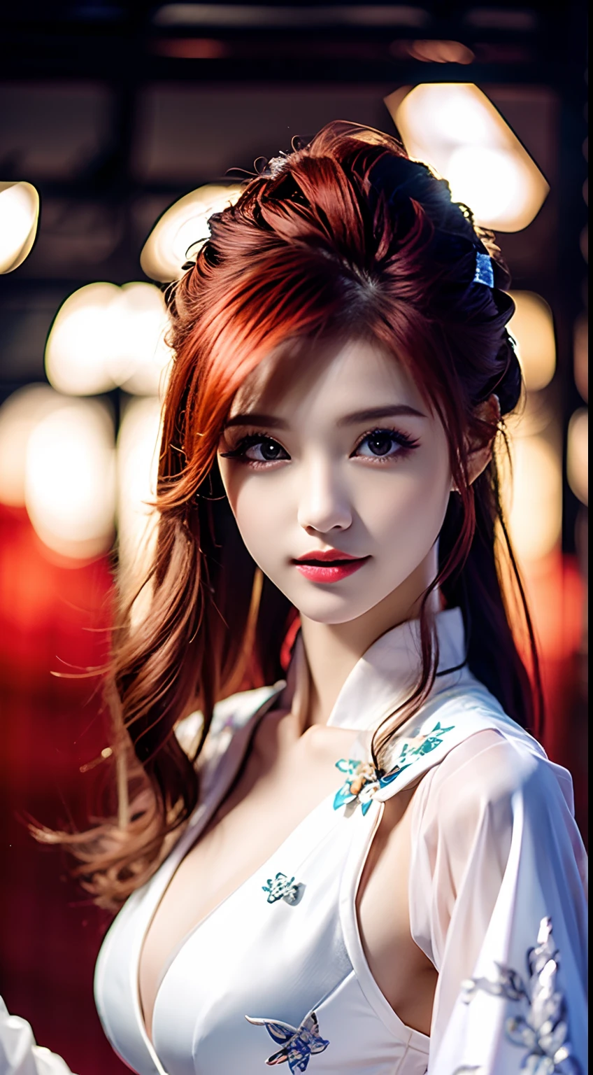 8K Ultra HD, Mastmis, A girl, Good face, Detailed, Eyes, Beautiful lips, Very red hair, dishiveredhair, Medium breasts, Wedding dress, Pink dress, In the park, Flying birds, Glowing, clear weather, Sitting, Full body capture,