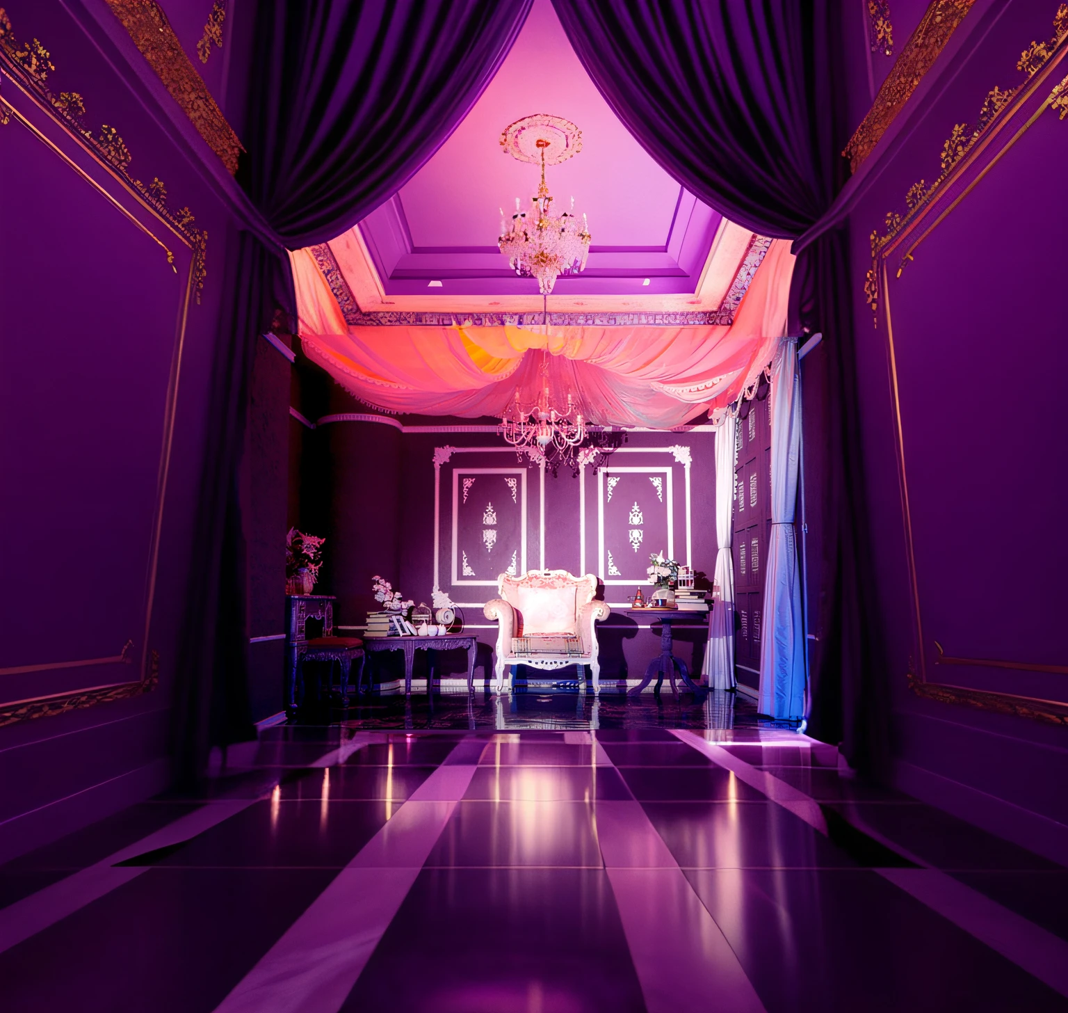 Content-based fill, Brightly lit purple room, Tiled room Marble room, Baroque painting background, high-end, high-end, Trend Vaporwave Mansion, Purple aesthetics, Luxurious Rococo Baroque style, masutepiece, high-end, A luxurious setting, wonderful masterpiece,