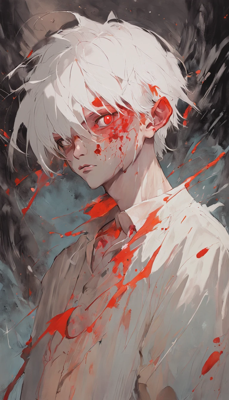 young boy with white hair and red eyes, There is ugliness in beauty, But there is also beauty in ugliness, In the style of Adrian Ghenie, Esao Adrews, Jenny Saville, Edward Hopper, surrealism, Dark Art par James Jean, Takato Yamato, Minimalism inkpunk