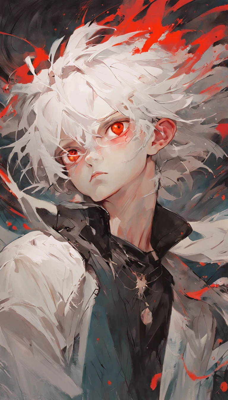 young boy with white hair and red eyes, There is ugliness in beauty, But there is also beauty in ugliness, In the style of Adrian Ghenie, Esao Adrews, Jenny Saville, Edward Hopper, surrealism, Dark Art par James Jean, Takato Yamato, Minimalism inkpunk