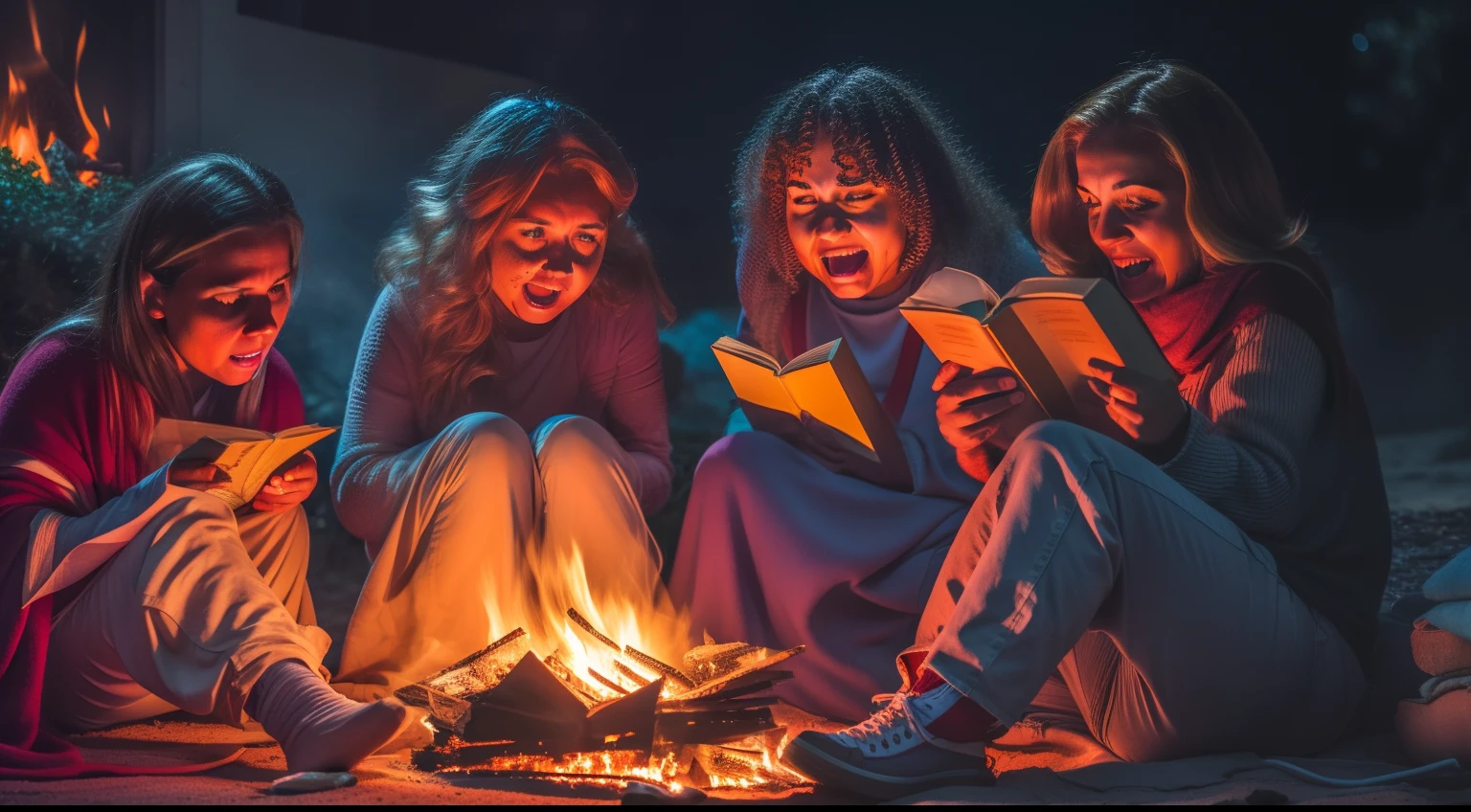 Five women with a book around just a small fire in the middle of the night telling a scary story with scared faces