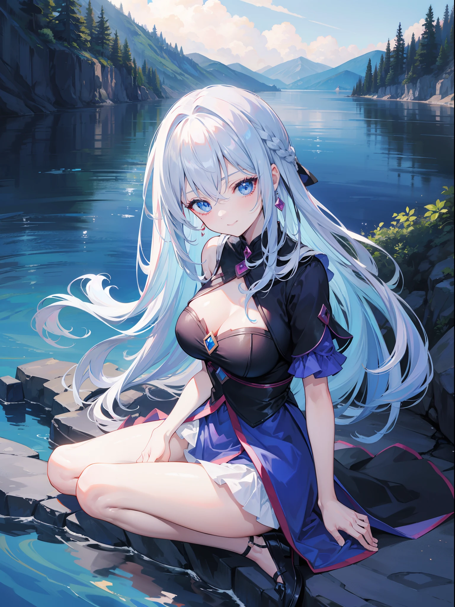Dark Magician Girl、MKSKS style、1 person、(highly detailed back ground:1.0)、(highly detailed back ground:1.0)、masterpiece、top-quality、超A high resolution、in 8K、full body Esbian、sitting on、BREAK、(1/2 vermilion and 1/2 light blue hair)、BREAK、(Vermilion shirt)、BREAK、Detailed skin、glowy skin、bare-legged、A detailed eye、Blue eyes、Burning cheeks、Wearing makeup、A smile、Large breasts、(Lakeside scenery:1.2)