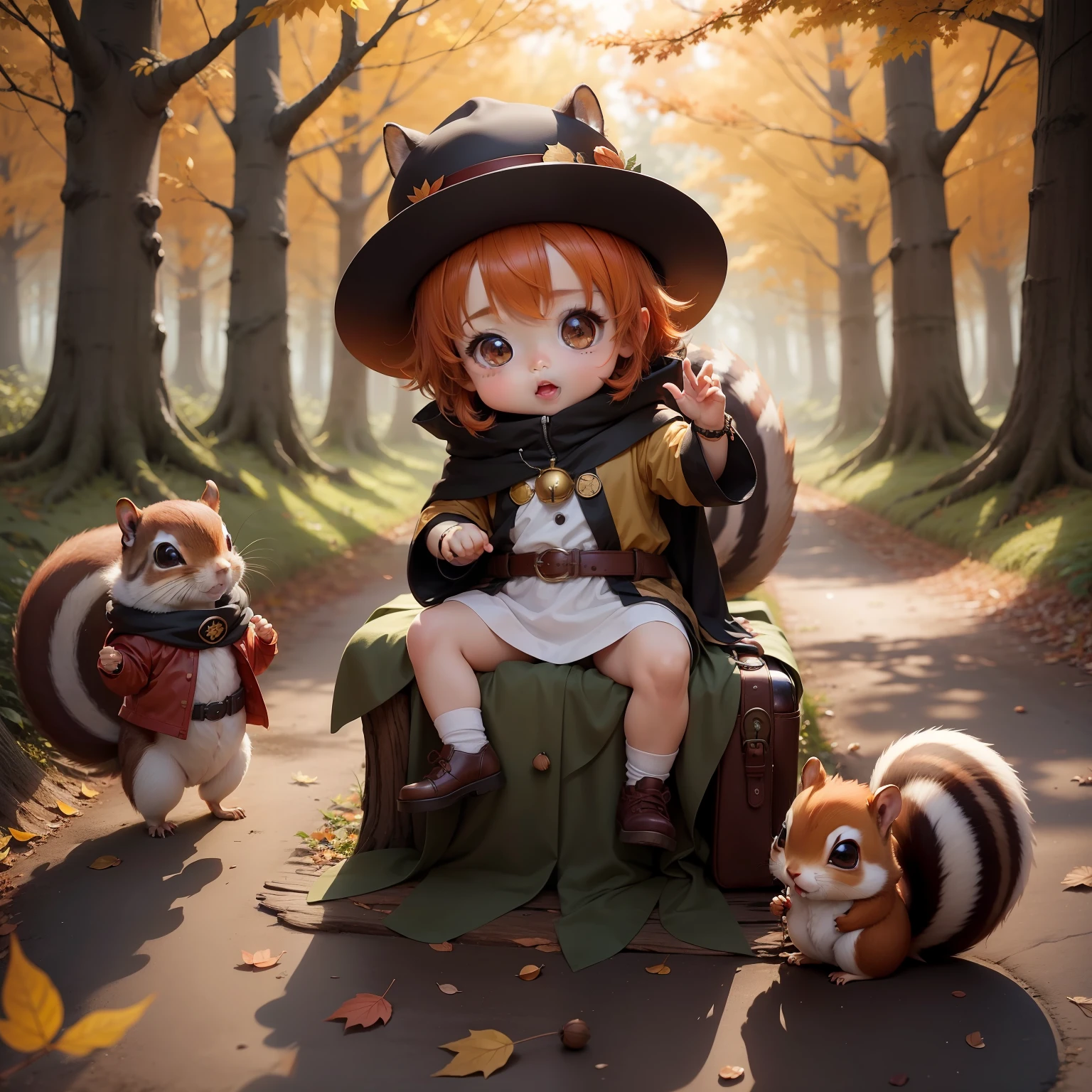 Cute Baby Chibi Anime,Sorcerer,autumn forest,acorn,a squirrel