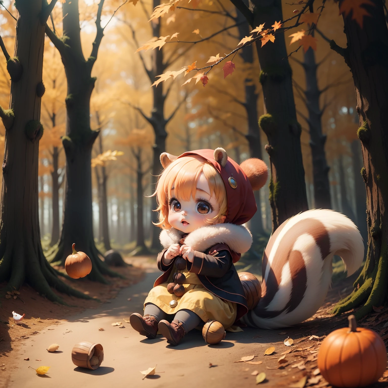 Cute Baby Chibi Anime,Sorcerer,autumn forest,acorn,a squirrel