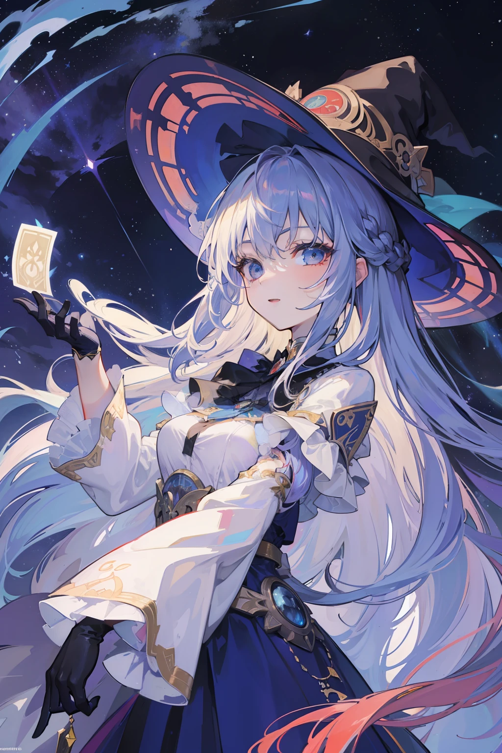 ((Masterpiece: 1.2, Best Quality)), 1girl, Solo, (Witch Hat), Blonde, Long Hair, Dress, Aurora, Night, Stars (Sky), Gloves, Sky, White Dress, Night Sky, Open Mouth, Starry Sky, Blue Eyes, Ribbon, Very Long Hair, Red Dress, Smile, Hair Ribbon, Cloak, Blue Hair, (Bird), Magic, Casting Spells, Dark Clouds, Night, (Impressionism: 1.4), (Tarot: 1.3) , Alphonse Mucha,
