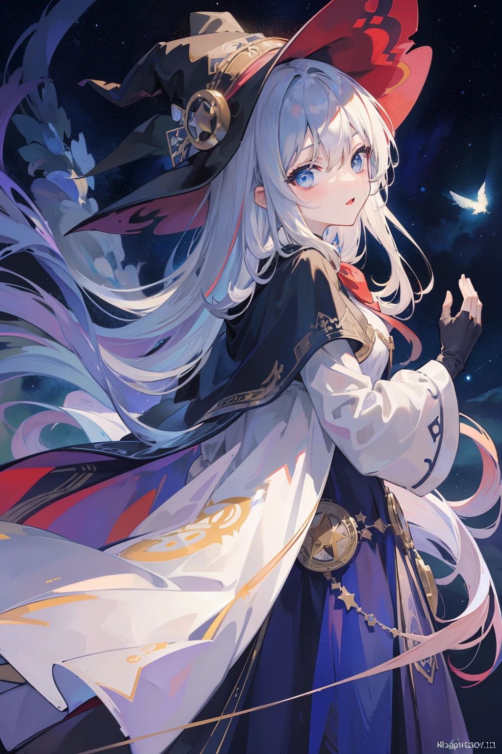 ((Masterpiece: 1.2, Best Quality)), 1girl, Solo, (Witch Hat), Blonde, Long Hair, Dress, Aurora, Night, Stars (Sky), Gloves, Sky, White Dress, Night Sky, Open Mouth, Starry Sky, Blue Eyes, Ribbon, Very Long Hair, Red Dress, Smile, Hair Ribbon, Cloak, Blue Hair, (Bird), Magic, Casting Spells, Dark Clouds, Night, (Impressionism: 1.4), (Tarot: 1.3) , Alphonse Mucha,