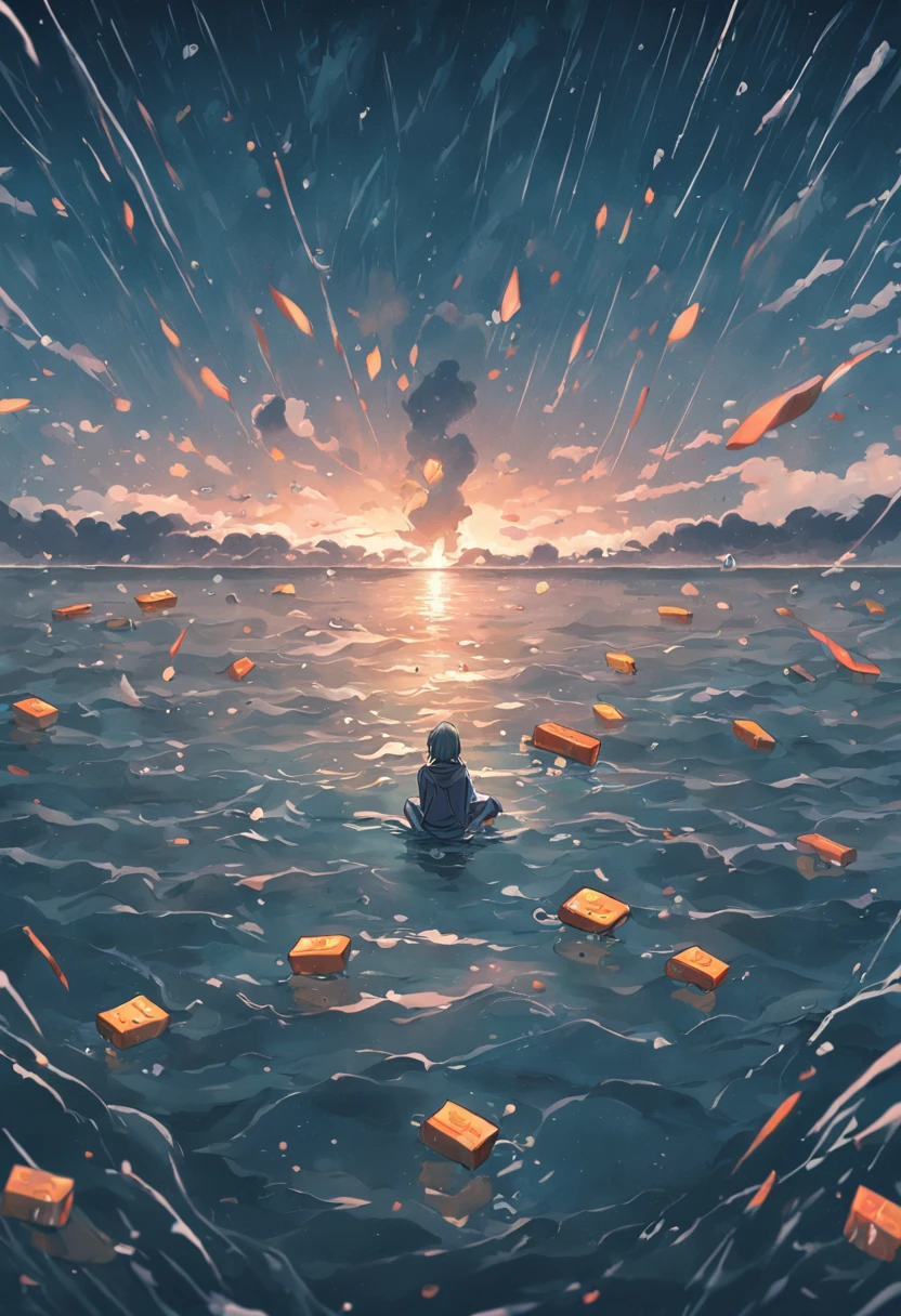 A pack of cigarette packs floats on the surface of the sea,Raindrops hit the sea,Dark and gloomy sky