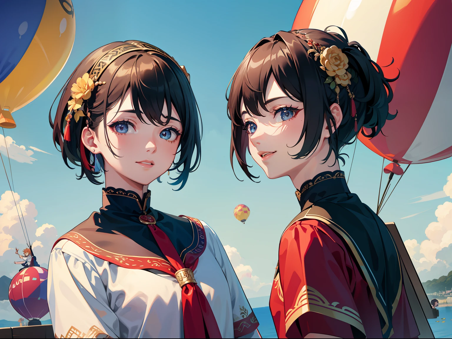 UHD,(High definition resolution:1.2),Skin luster,(Best quality:1.1),(masterpiece),(best quality),smile,(beautiful detailed face),(beautiful detailed eyes),8K,Around the flying colorful balloons,((Two boys are playing)),Peripheral small animals,outside,lovable,dragon boat,