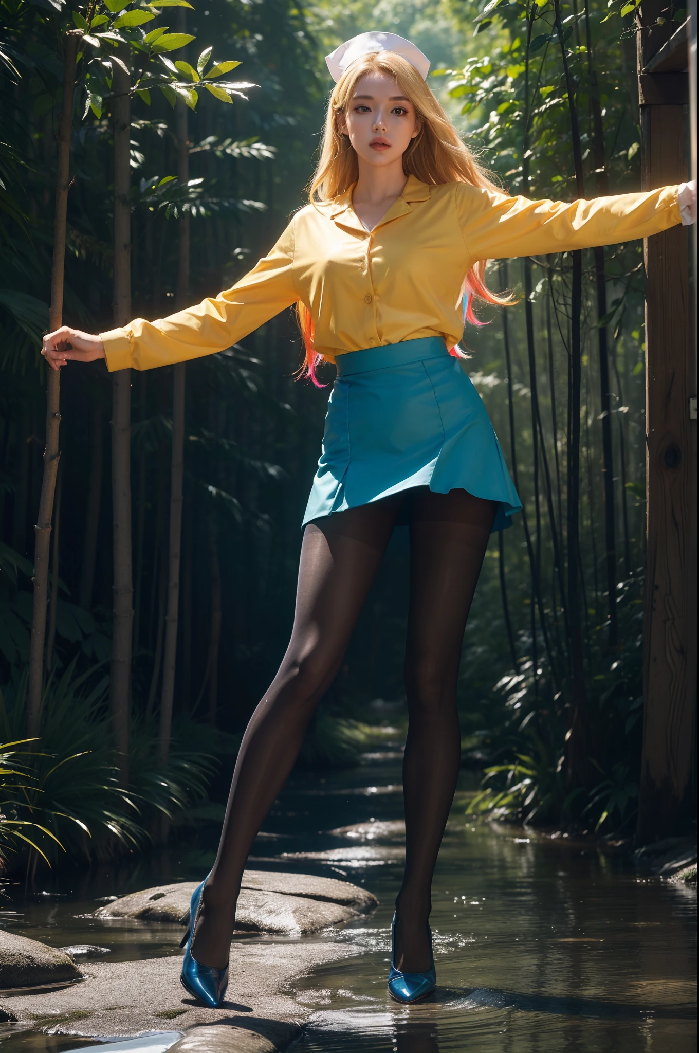 (full body:2),(1girl:1.3),(view the viewer:1.4),(anatomy correct:1.4),(((colorful pantyhose)):1.3), (pointed thick heels :1.3),,((Dancing By the creek in the forest):1.2),((Captain's Knee Length dress Set):1.3),(Extra Long blonde Hair:1.2),(Accurate and perfect face:1.3),(Long legs and big feet:1.3),((Polished clothing):1.2),((Skin reflection , Skin Gloss):1.2),((((( colorful)))):1.2),hyper HD, Ray traching, reflective light, structurally correct, Award-Awarded, high detail, lighten shade contrast, Face lighting ,cinematic lighting, masterpiece, super detailing, high quality, high detail, best quality, 16k,High contrast,