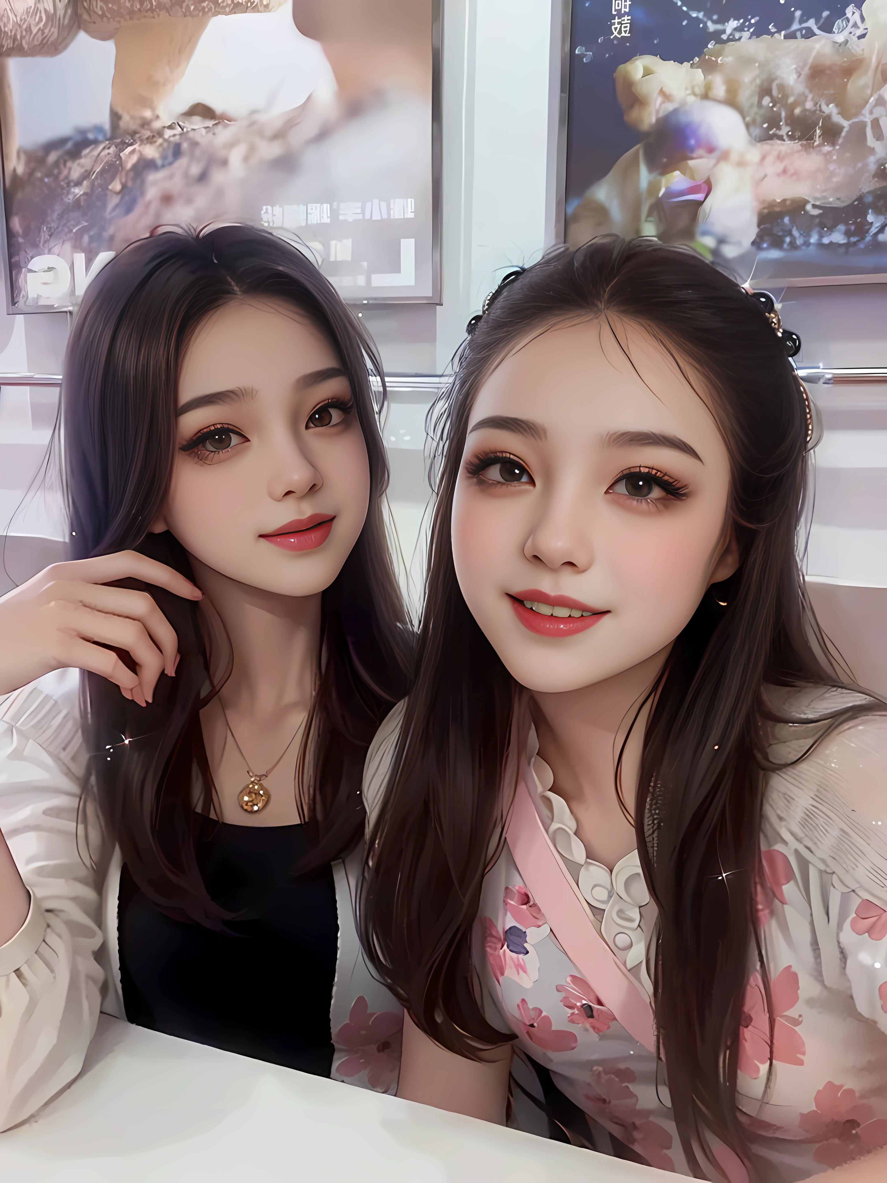 （8K分辨率），（twogirls），Casual vertical hairstyle，（breasts are very large），sparkle in eyes，Smile and shut up，Brown hair，Smile and shut up，Delicate facial features，adolable