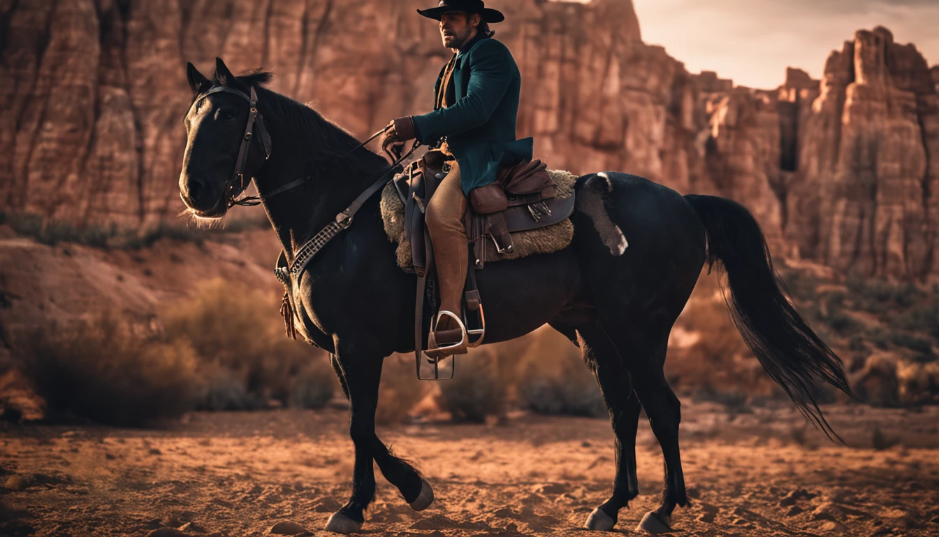 American Wild West - Jesse James - gunslinger, 35, dark hair, - black hat riding dark horse.
- realistic - cinematic - colorful -- ar 16:9