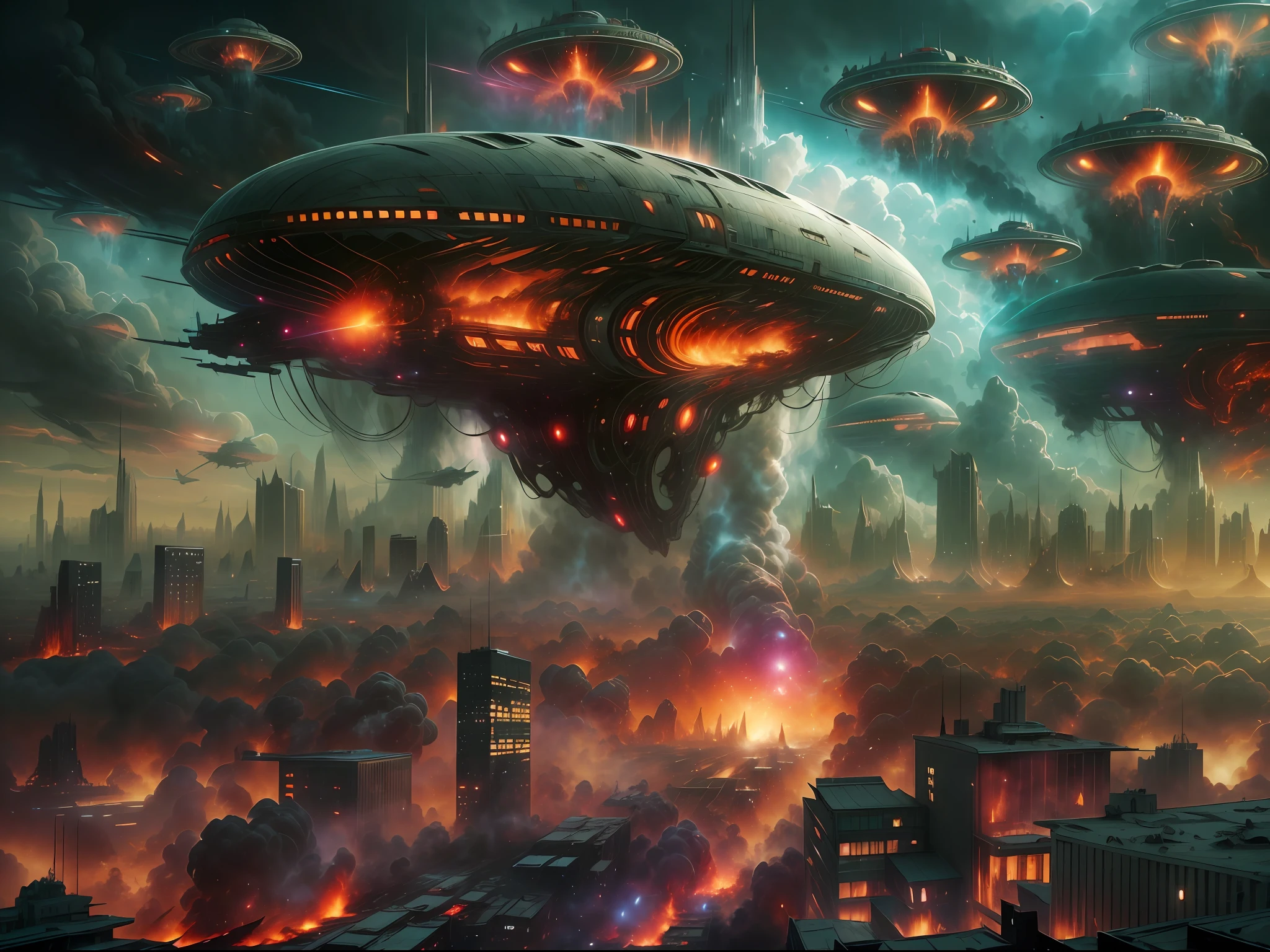 "An extraordinary image capturing a futuristic Tokyo under invasion by alien forces. the alien destroy the city by shooting laser to it, explosion, destroyed city, collapse d building and house, fire, burning street,fire, marvel style alien airship looms overhead, accompanied by a swarm of smaller alien vessels."