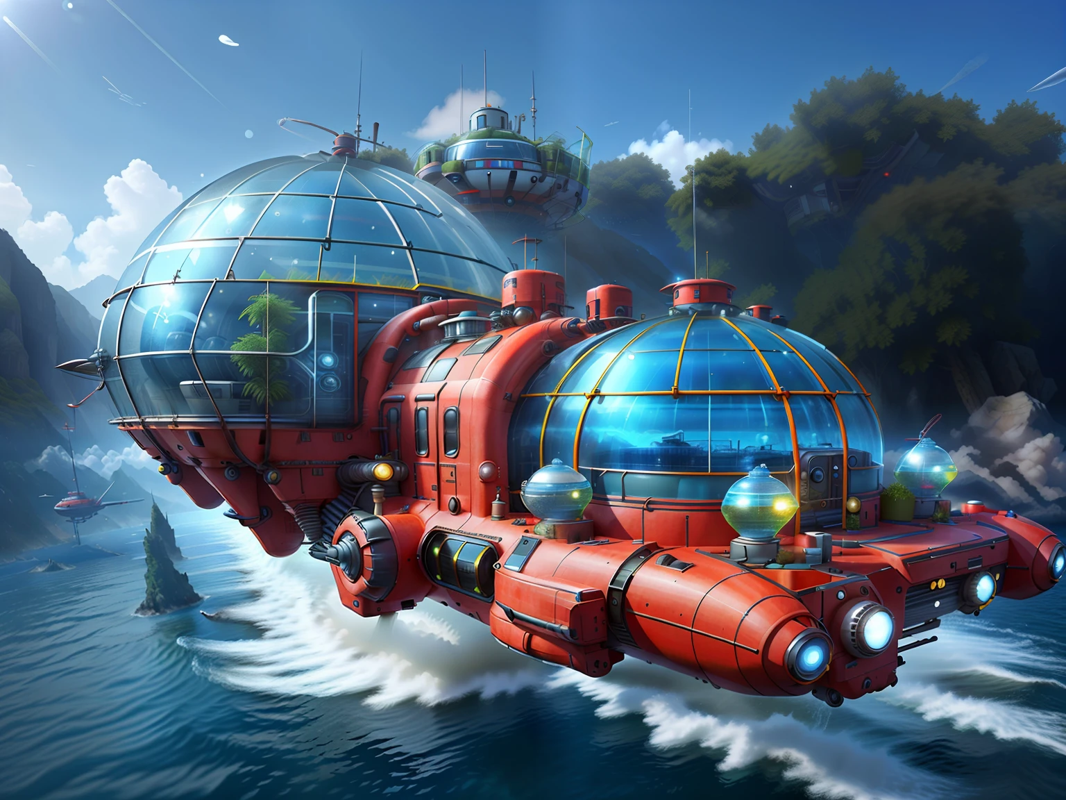Water mobile rescue base，There are lifebuoy launchers，Red and blue，Future Style，3d effect，Rescue Ship，the whole