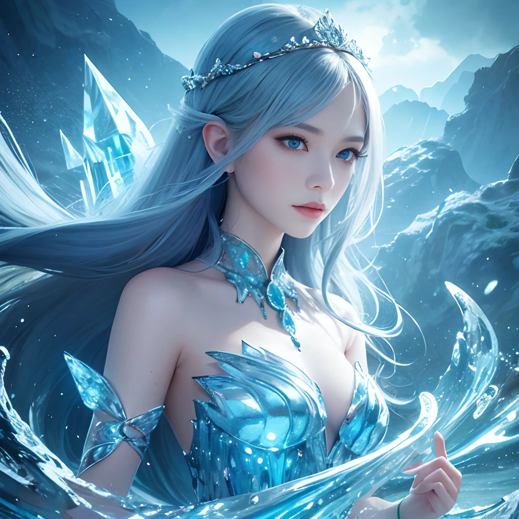 tmasterpiece,top-quality,optimum,offcial art,Beautiful and aesthetic,Long exposure:1.2),Smooth movement,Charming Patterns, 1 rapariga,Adult Russian woman,hitornfreckles,Jade Eyes,Black lob hair, sportrait,独奏,The upper part of the body,gaze at the observer,detailedbackground,Detailed face,(crystallineAI, Crystalline Theme:1.1),Elemental Water Elves,Swirl water,controlling water,Fantasy Magician's Clothing,dynamicposes,particles floating,Ethereal Power,Eau,steams,ocean in background,Blue tint,shores,Ethereal Atmosphere,
