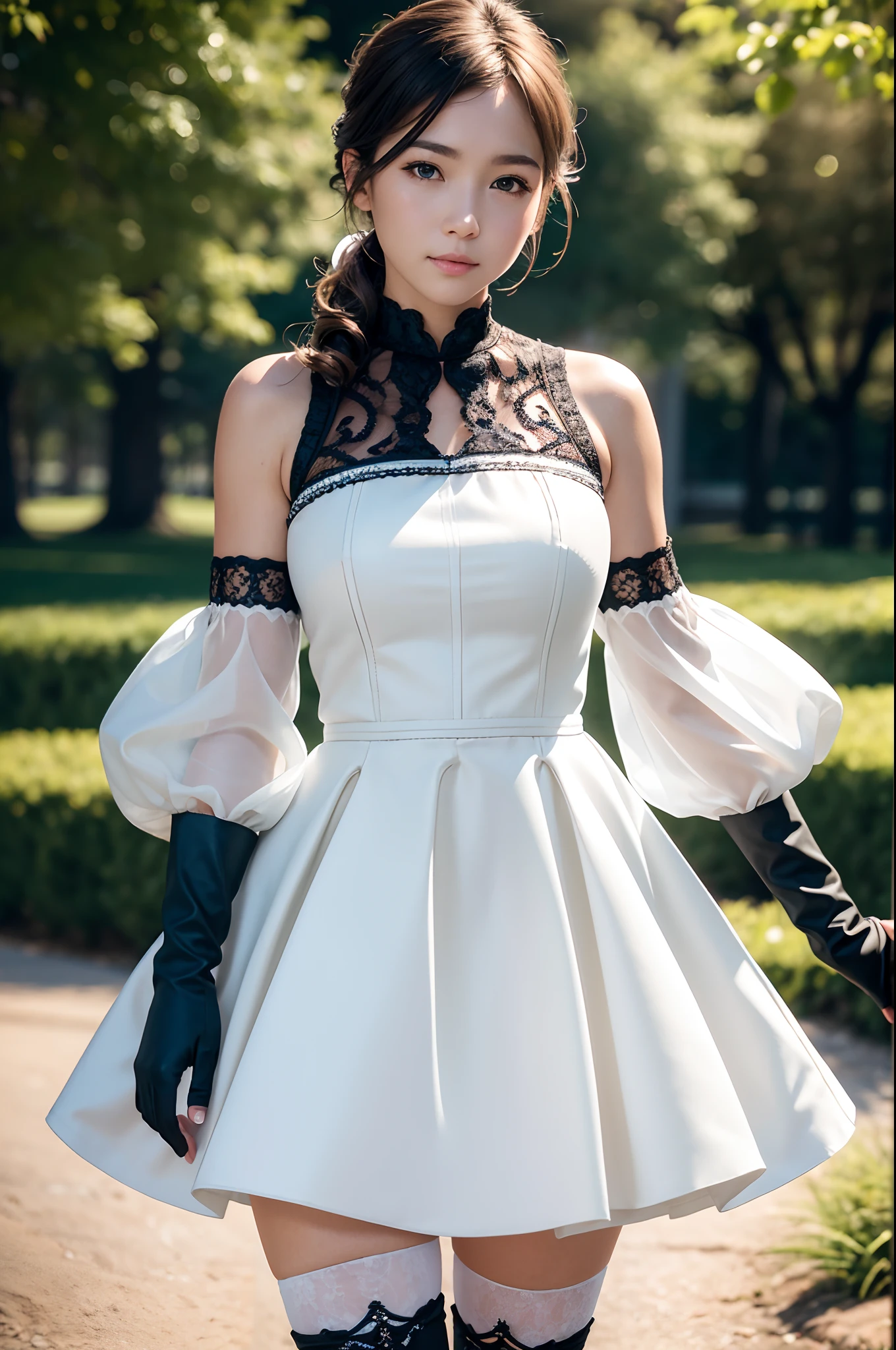 8k, best quality, real picture, intricate details, ultra-detailed, ultra highres, depth field,(photorealistic,realistic:1.2),cowboy shot, full body,(luminecos:1.4),1girl, naughty face, Best quality, masterpiece, ultra high res, RAW photo,masterpiece, best quality, (photorealistic:1.4), (narrow waist:1.2), delicate face
, outdoors,blurry background,
gloves, dress, black gloves, white dress, fingerless gloves, detached sleeves, thighhighs,
mafuyu,