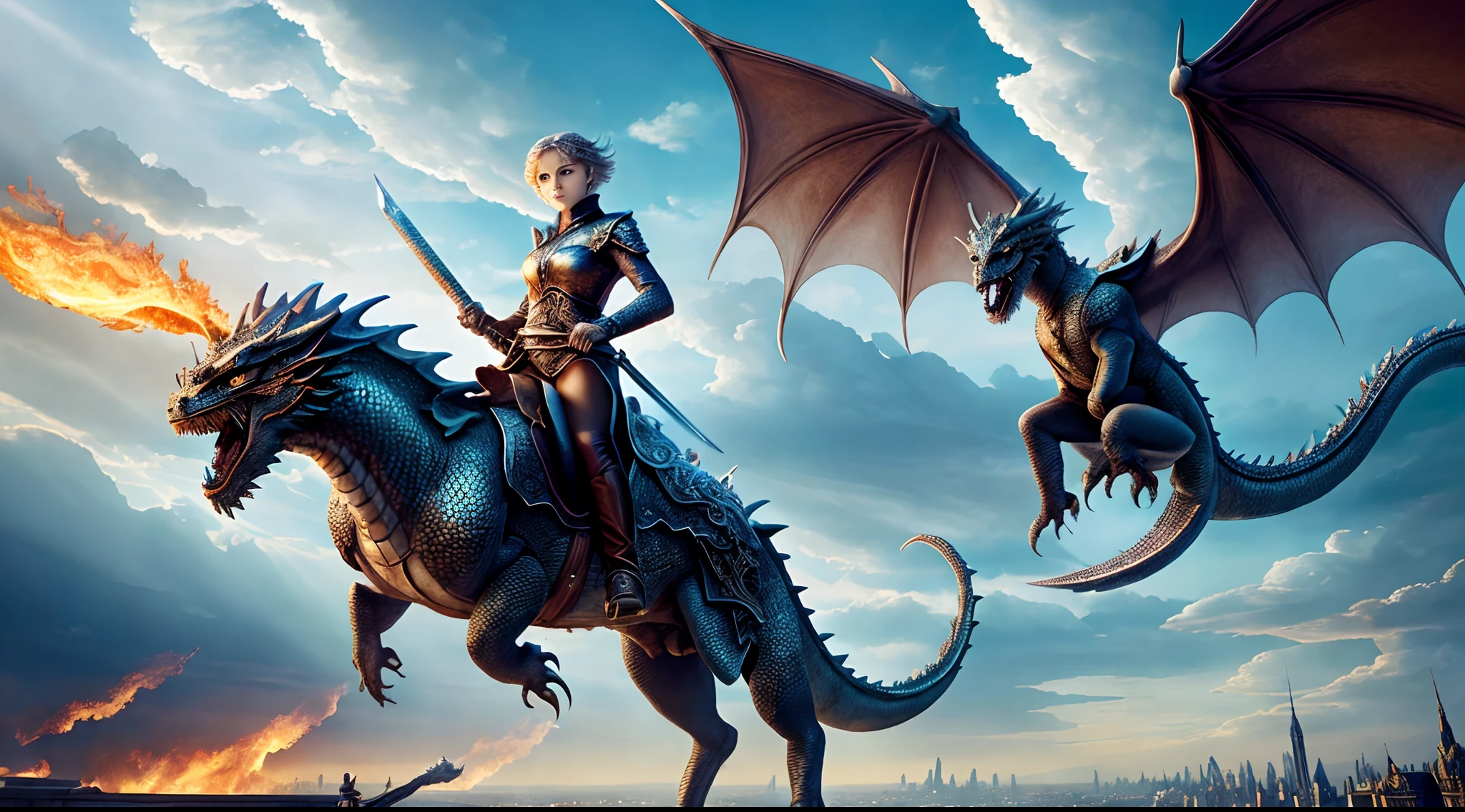 (Best Quality, Masterpiece: 1.1), (Realistic: 1.4), Beautiful girl is riding on the dragon, flying in the sky, god ray ,teen, silver short hair, blue eyes, over the city, fractal art,Girl holds a sword in her right hand、Dragon breathes fire from its mouth，The city on fire