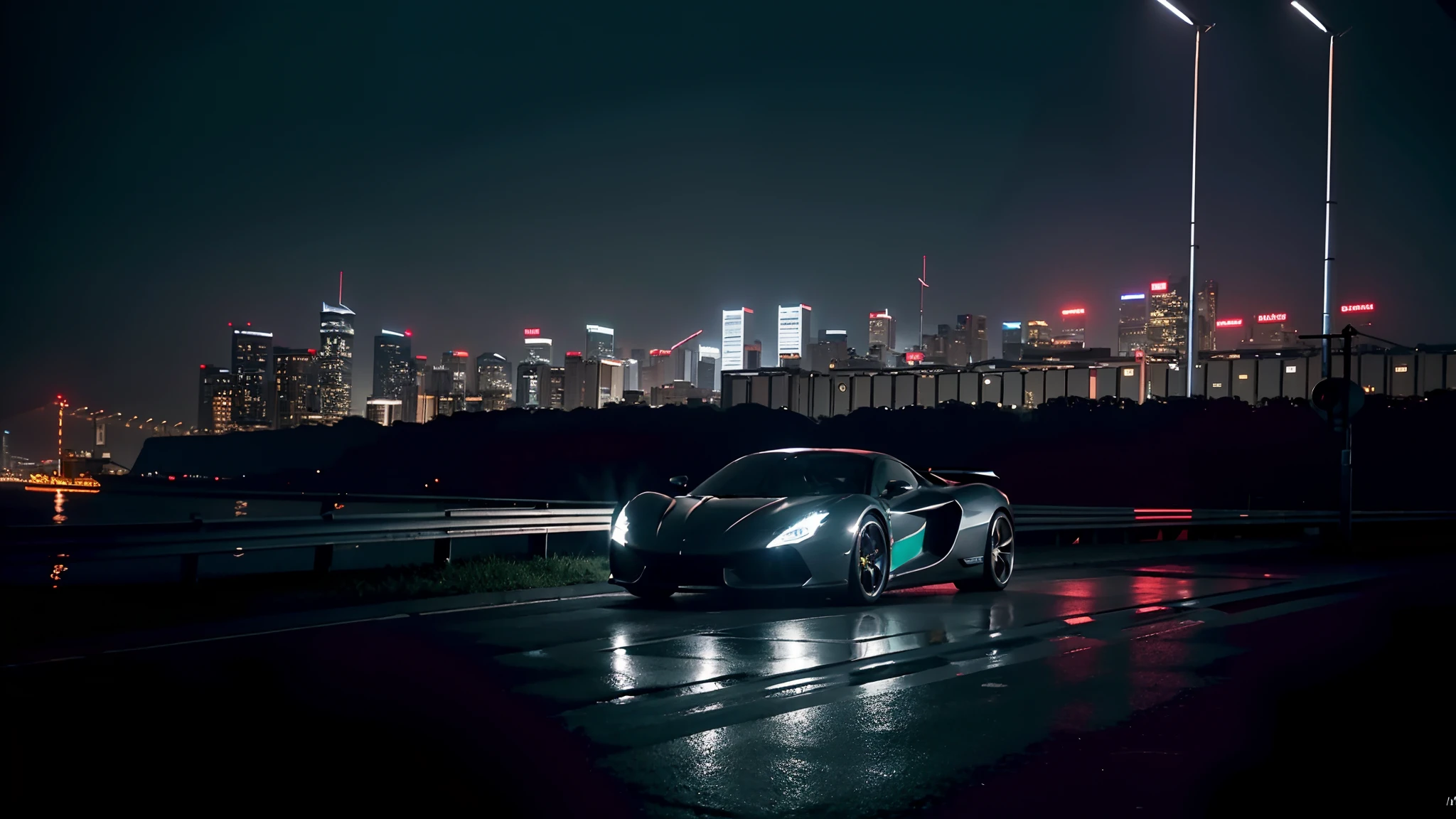 Super photo，Sense of speed，super car，Supercar，profesional photo，Big wheels，，Cybernetic hood，Network car parts，Front pop-up headlights，scientific fiction，science fiction scene，Natural soft light，Cyberpunk Personage，Cidade Futuristica，Cyberpunk-city，neon lights sign，highly  detailed，（highly detailed back ground），Multiple buildings in the background，detailed textures，wide angles，8K，HDR，Professional photo shooting，
