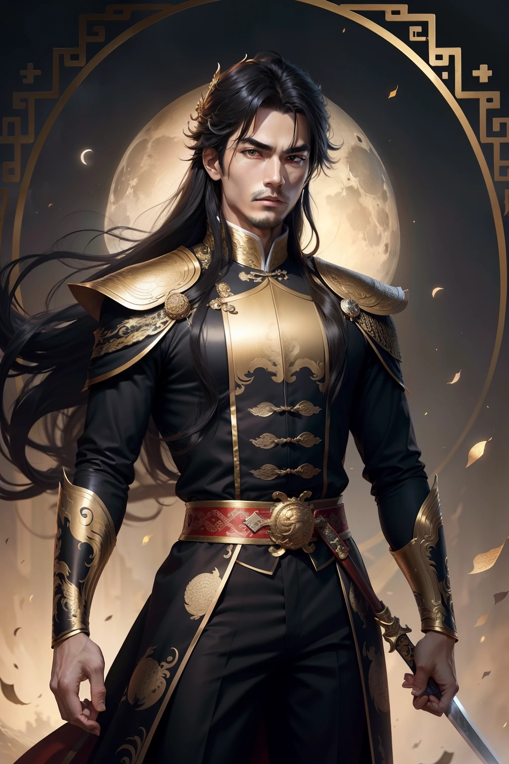 Masterpiece, Best quality, Night, full moon, 1 man, Mature man, Ancient China, Chinese palaces, eagle, Black hair, Black eyes, Split ends of hair, Long hair, Long bangs, Handsome, Diao noodles, chinese crown, Handsome, Masculine, Serious, gentle, Tall, calm, Black and gold alternating costumes, Gold pattern, Dragon pattern, prince, Sword pairing, Side, Facial details, The face is delicate