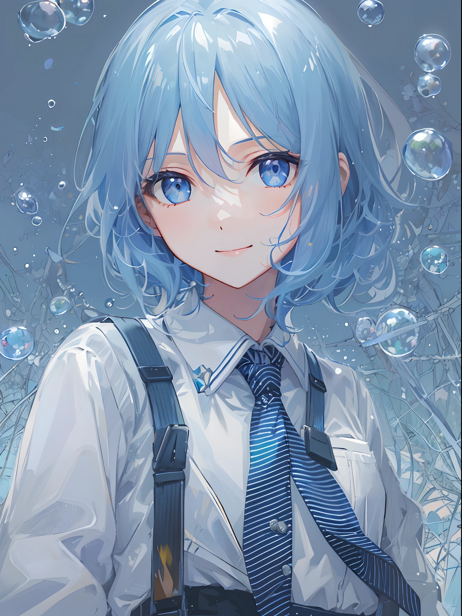 ((top-quality)), ((​masterpiece)), ((ultra-detailliert)), (extremely delicate and beautiful), girl with, 独奏, cold attitude,((Black jacket)),She is very(relax)with  the(Settled down)Looks,A dark-haired, depth of fields,evil smile,Bubble, under the water, Air bubble,bright light blue eyes,Inner color with light blue hair and dark blue tips,Cold background,Bob Hair - Linear Art, shortpants、knee high socks、White uniform like school uniform、Light blue ribbon ties、Clothes are sheer、Hands in pockets
