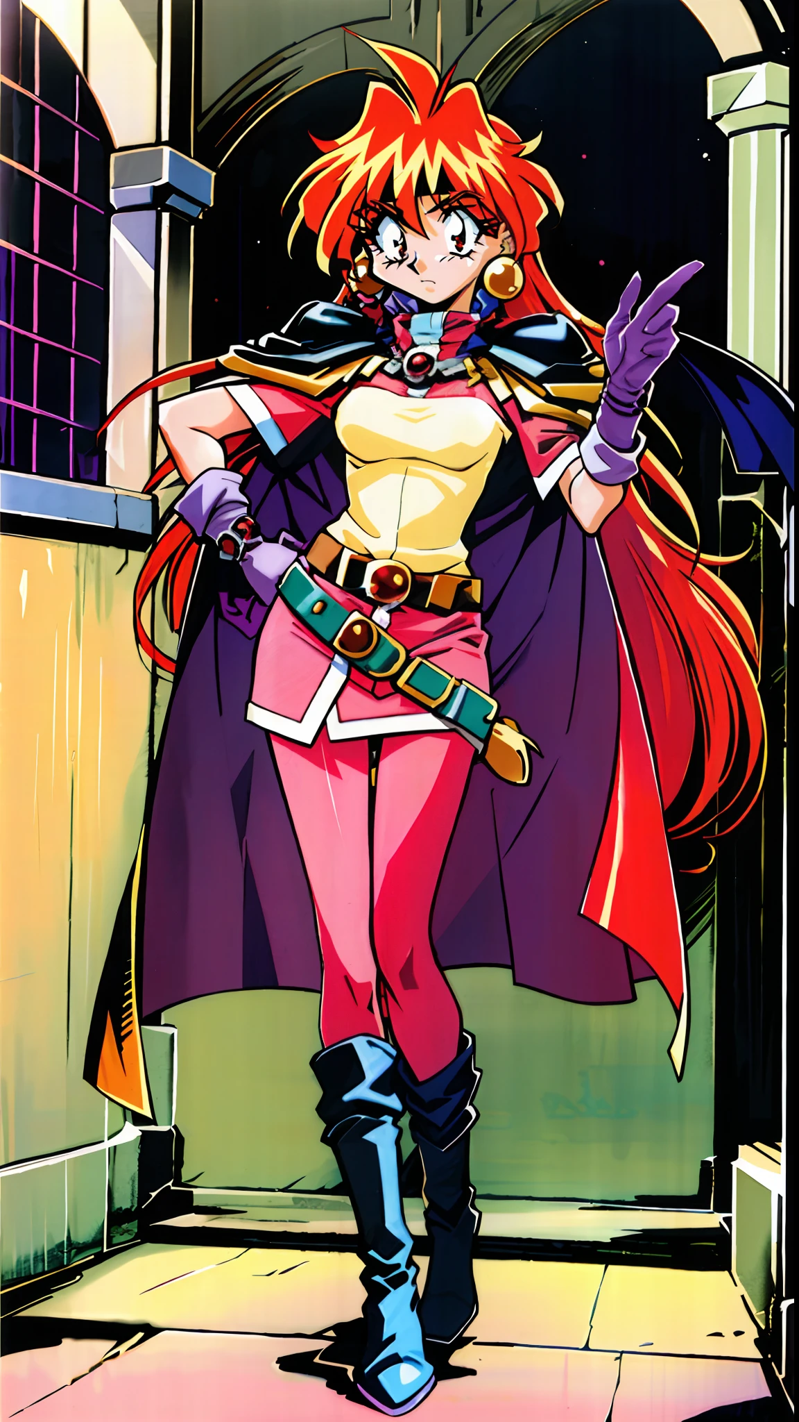 masterpiece, best quality, ultra-detailed, illustration, 1girl, 1990s \(style\), belt, boots, cape, earrings, gloves, headband, jewelry, lina inverse, long hair, pantyhose, red eyes, red hair, orange hair, retro artstyle, solo, traditional media,