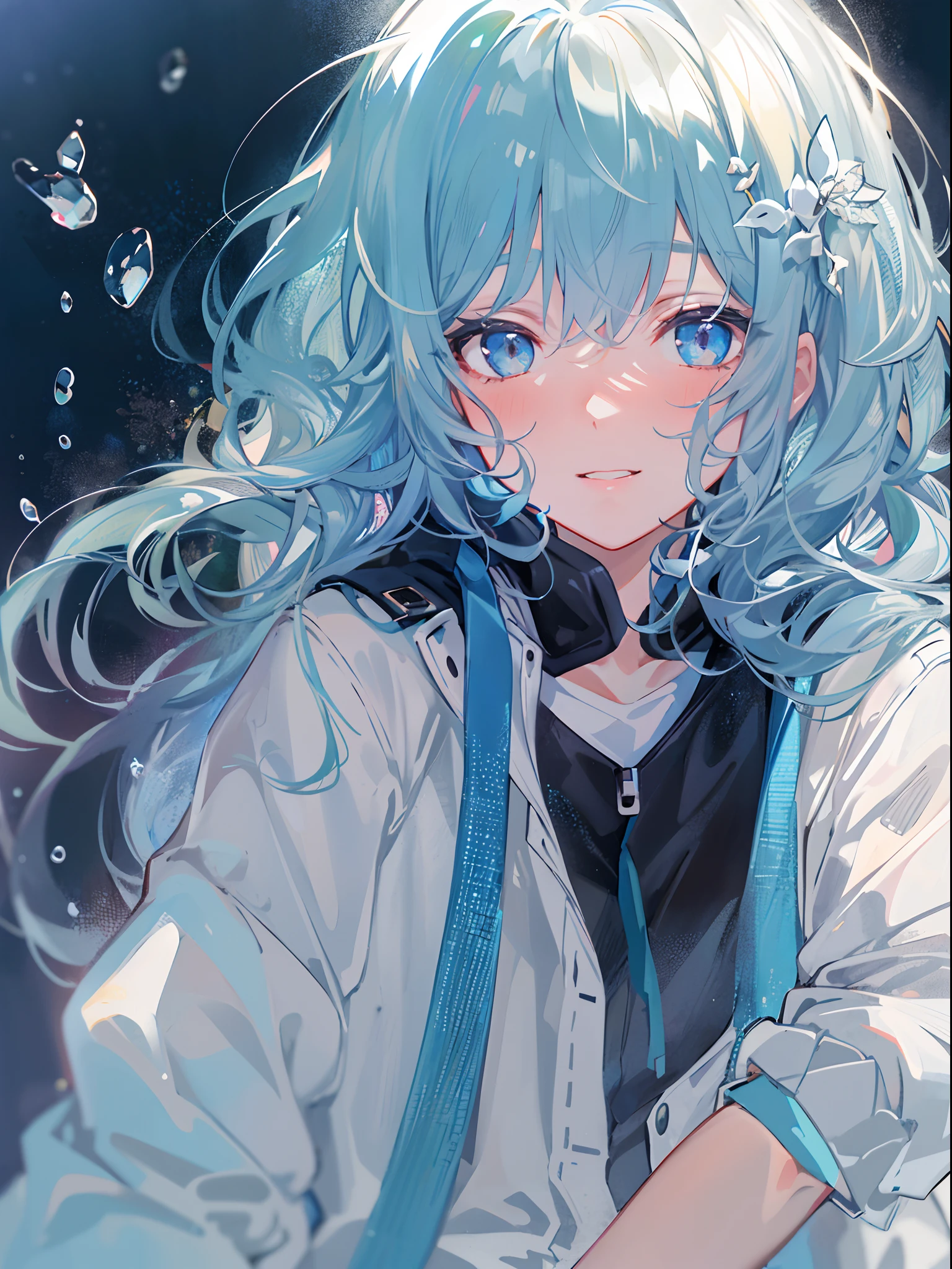 ((top-quality)), ((​masterpiece)), ((ultra-detailliert)), (extremely delicate and beautiful), girl with, 独奏, cold attitude,((Black jacket)),She is very(relax)with  the(Settled down)Looks,A dark-haired, depth of fields,evil smile,Bubble, under the water, Air bubble,bright light blue eyes,Inner color with light blue hair and dark blue tips,Cold background,Bob Hair - Linear Art, shortpants、knee high socks、White uniform like school uniform、Light blue ribbon ties、Clothes are sheer、Hands in pockets