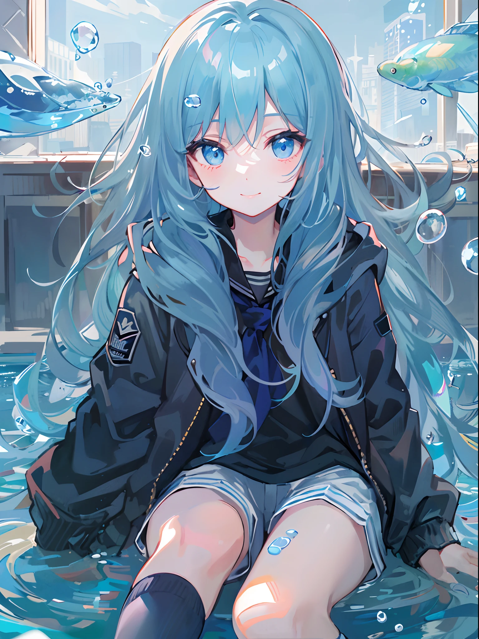 ((top-quality)), ((​masterpiece)), ((ultra-detailliert)), (extremely delicate and beautiful), girl with, 独奏, cold attitude,((Black jacket)),She is very(relax)with  the(Settled down)Looks,A dark-haired, depth of fields,evil smile,Bubble, under the water, Air bubble,bright light blue eyes,Inner color with light blue hair and dark blue tips,Cold background,Bob Hair - Linear Art, shortpants、knee high socks、White uniform like school uniform、Light blue ribbon ties、Clothes are sheer、Hands in pockets