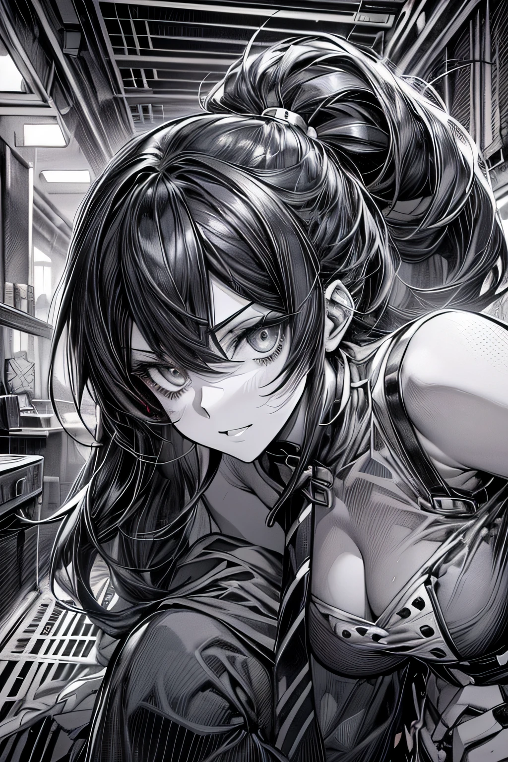 (Comic Noir Style),(linear art_Anime),(black-and-white_High contrast),(masutepiece, Best Quality, ),(Laura Bad Picture:1.2),(Lora Add Details:1.2),8K, Flat color:1.2,1girl in,Chibi,steampunc、machinery background