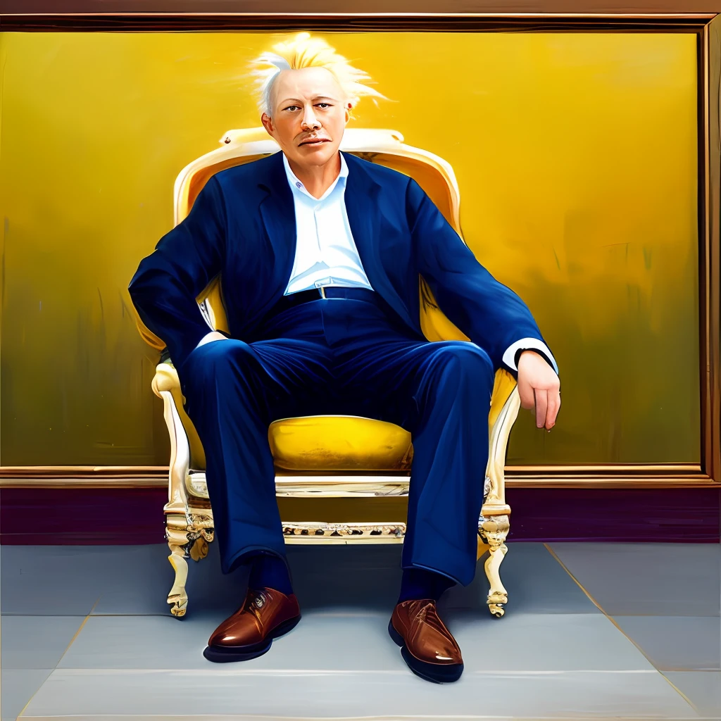 Fine painting,gorgeous color,Strong sense of line。Quadrangle。desks。The yellow-haired man sits on it