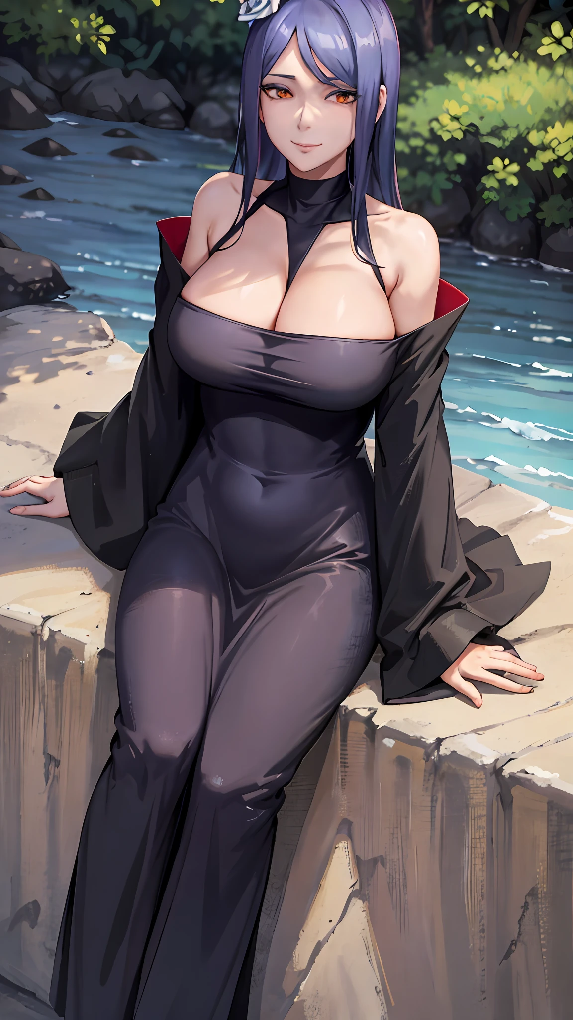 "tmasterpiece,Best Picture Quality,solo person,Off-the-shoulder clothing,Large breasts,cleavage,staring right into camera,Reddening cheeks,ssmile,largeeyes,close lens,the ocean,sea beach,In the forest,Black robe,Akatsuki suit,Naruto,Xiaonan,blue hairs