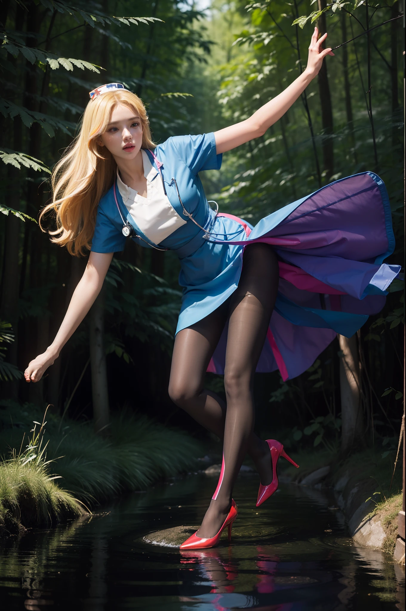 (full body:2)，(1girl:1.3),(view the viewer:1.4)，(anatomy correct:1.4),(((colorful pantyhose)):1.3), (pointed thick heels :1.3),,((Dancing By the creek in the forest):1.2),((Nurse's Knee Length dress Set):1.3),(Extra Long blonde Hair:1.2),(Accurate and perfect face:1.3),(Long legs and big feet:1.3),((Polished clothing):1.2),((Skin reflection , Skin Gloss):1.2)，((((( colorful)))):1.2)，hyper HD, Ray traching, reflective light， structurally correct, Award-Awarded, high detail, lighten shade contrast, Face lighting ，cinematic lighting, masterpiece, super detailing, high quality, high detail, best quality, 16k，High contrast,