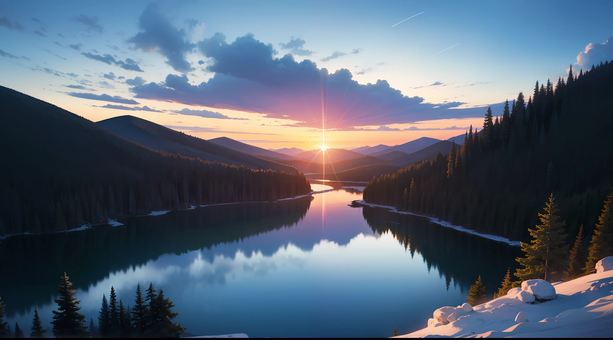 beautiful scenery sun mountain lake sunset, outer space